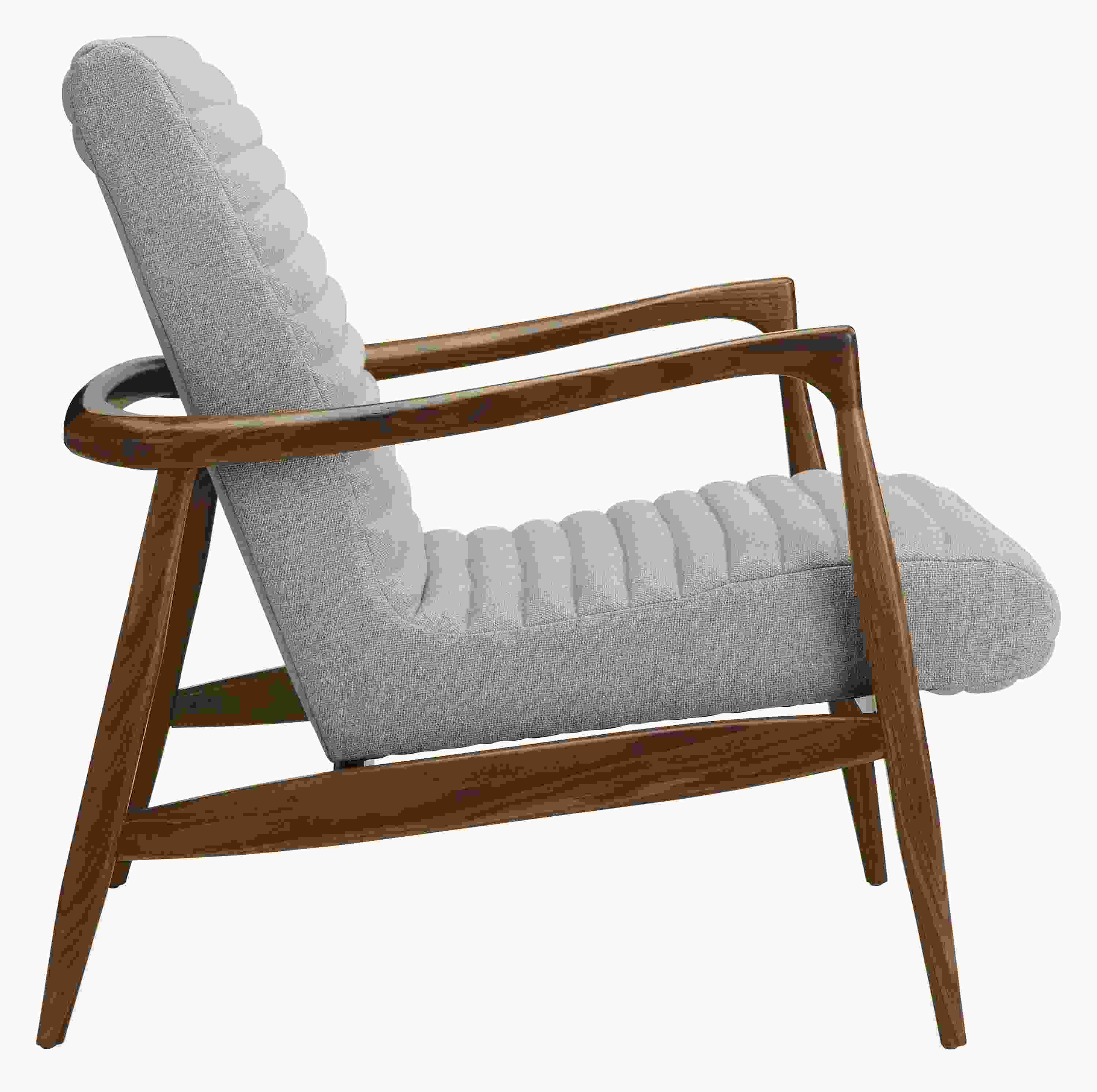Side view of Callan Chair in Trip Linen with Walnut Base.