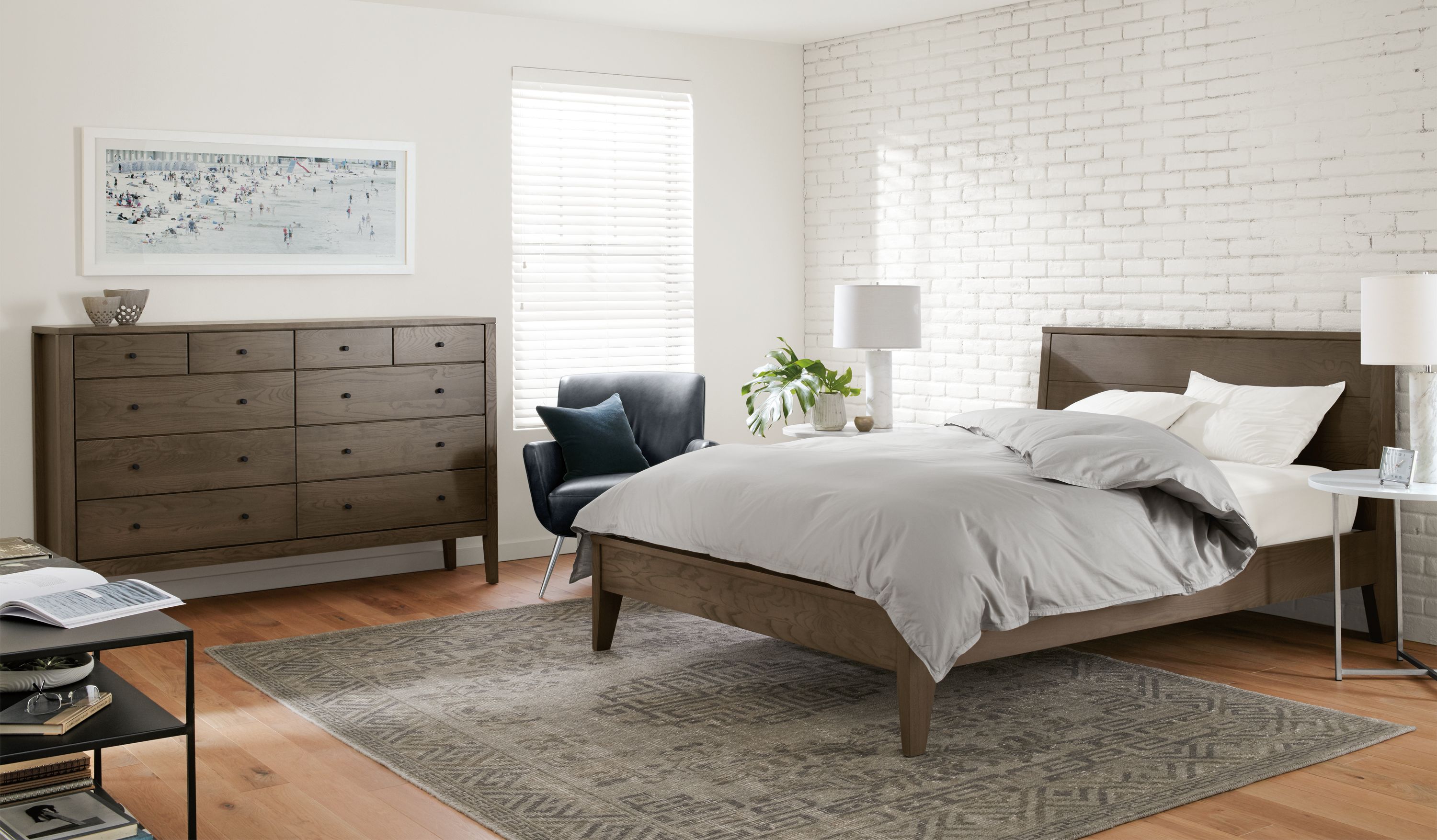 Calvin queen bed and ten-drawer dresser in bedroom.