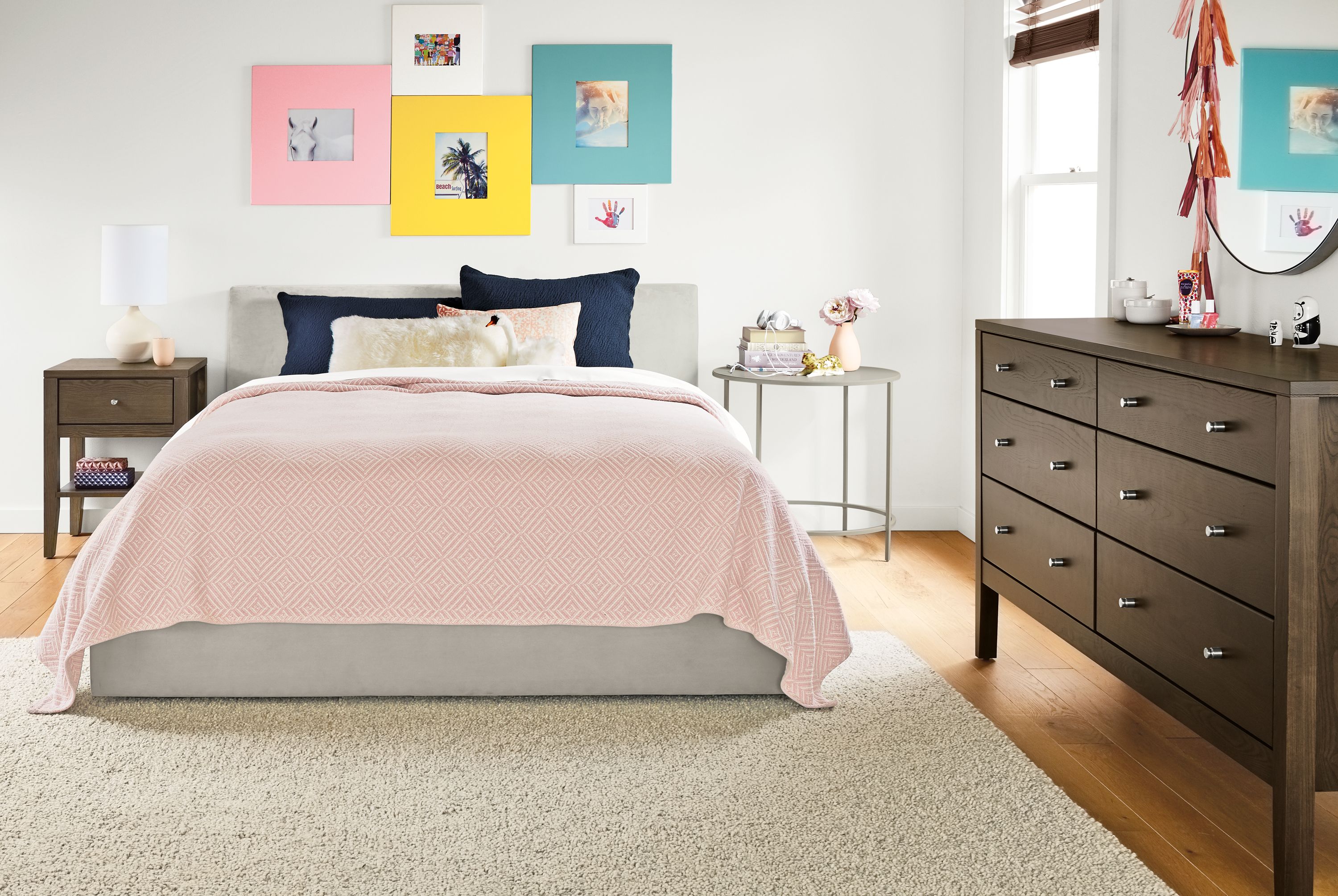 Calvin dresser and nightstand in transitional bedroom.
