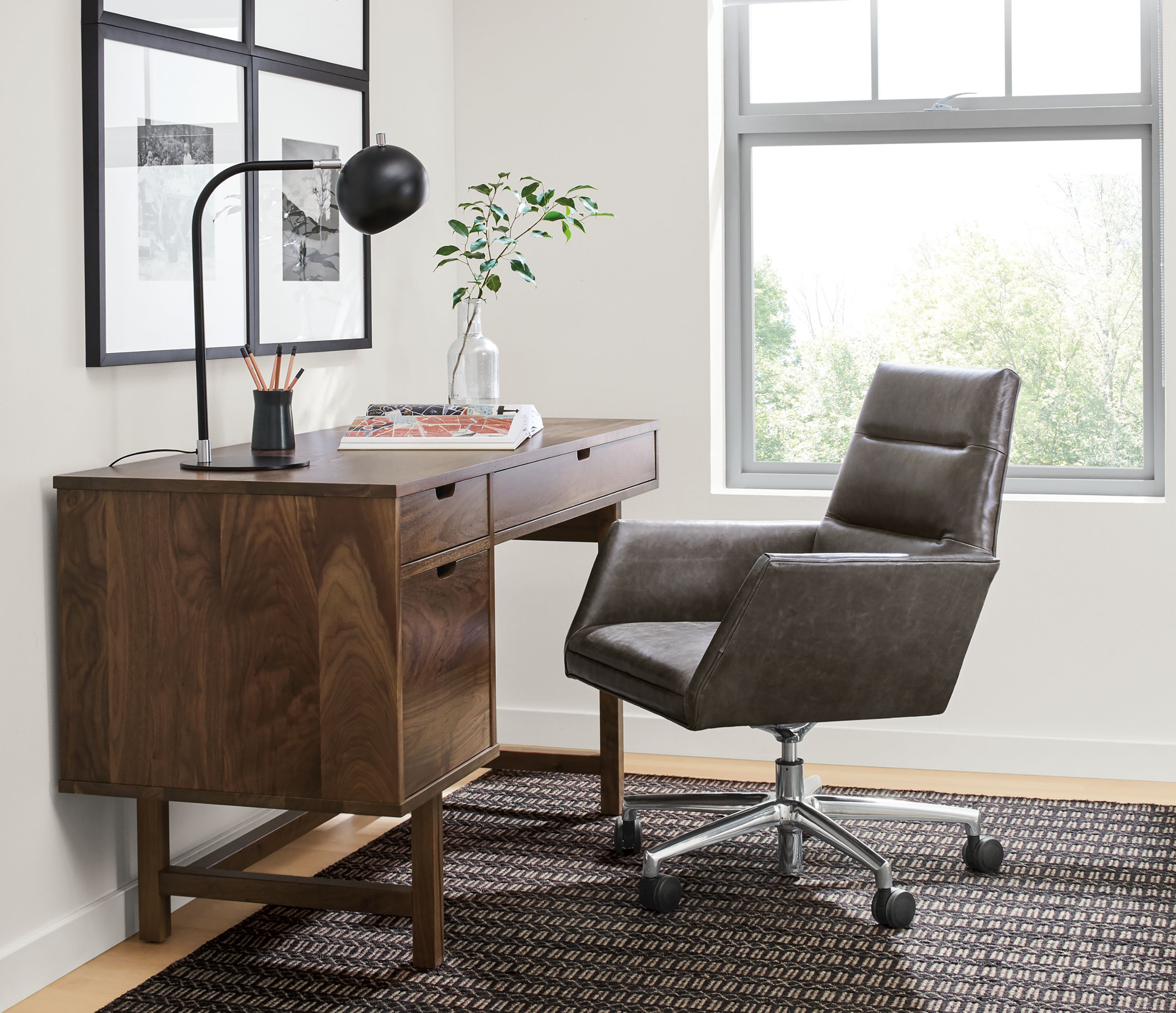 Detail of Ellis single file drawer desk in walnut.