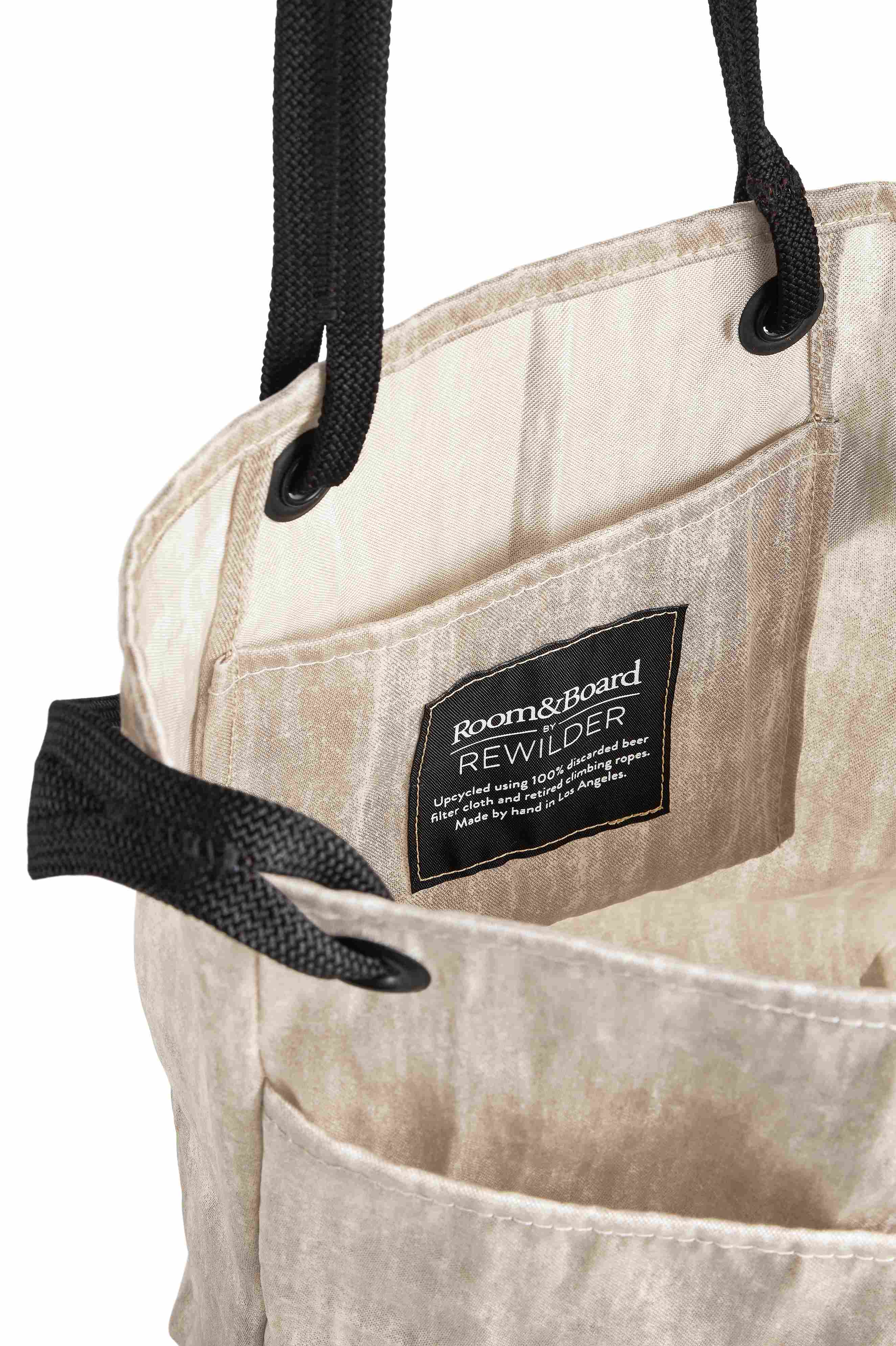 Detail of Cameo Tote made from upcycled discarded beer filter cloth and retired climbing ropes.
