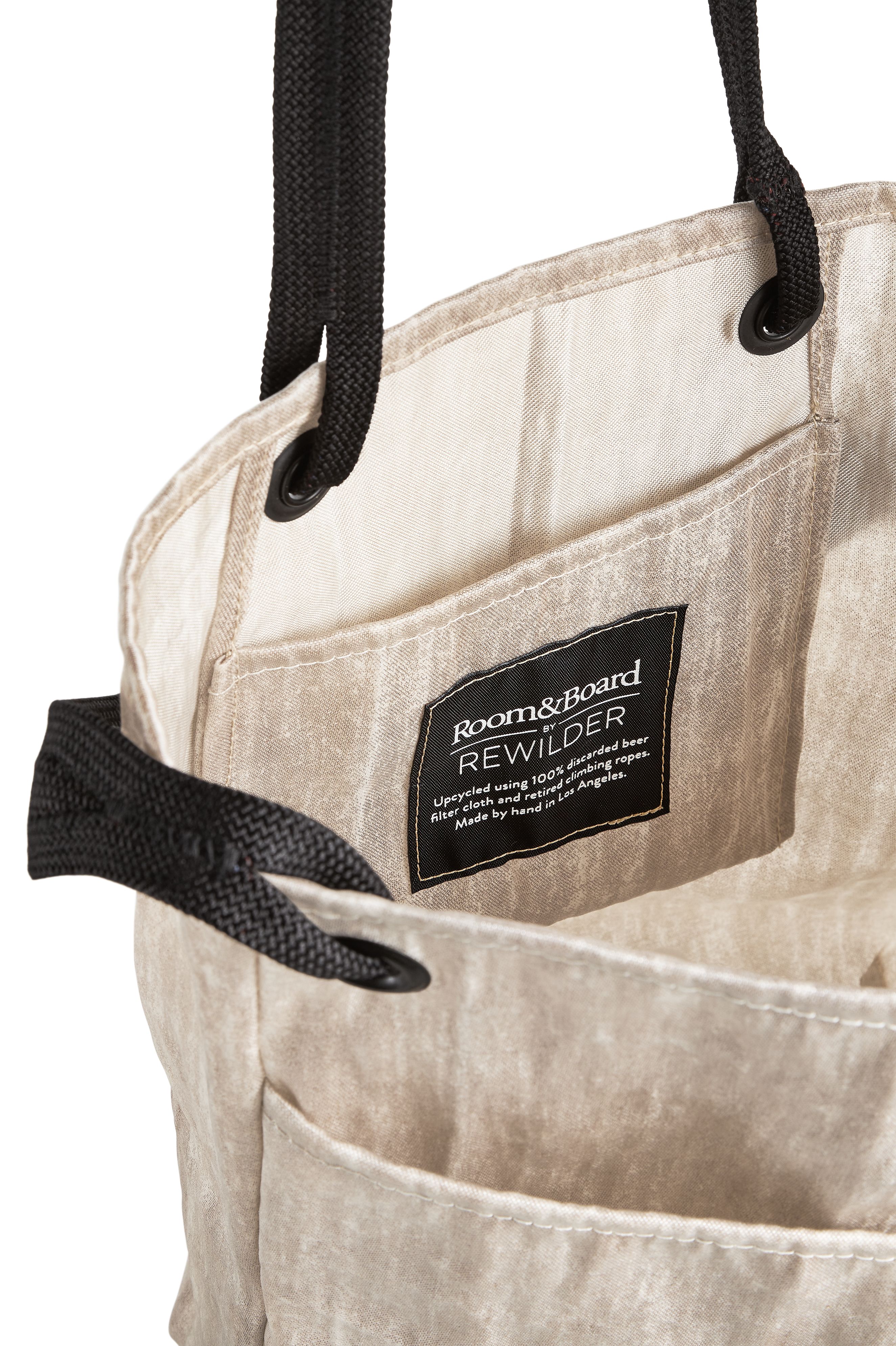 Detail of Cameo Tote made from upcycled discarded beer filter cloth and retired climbing ropes.