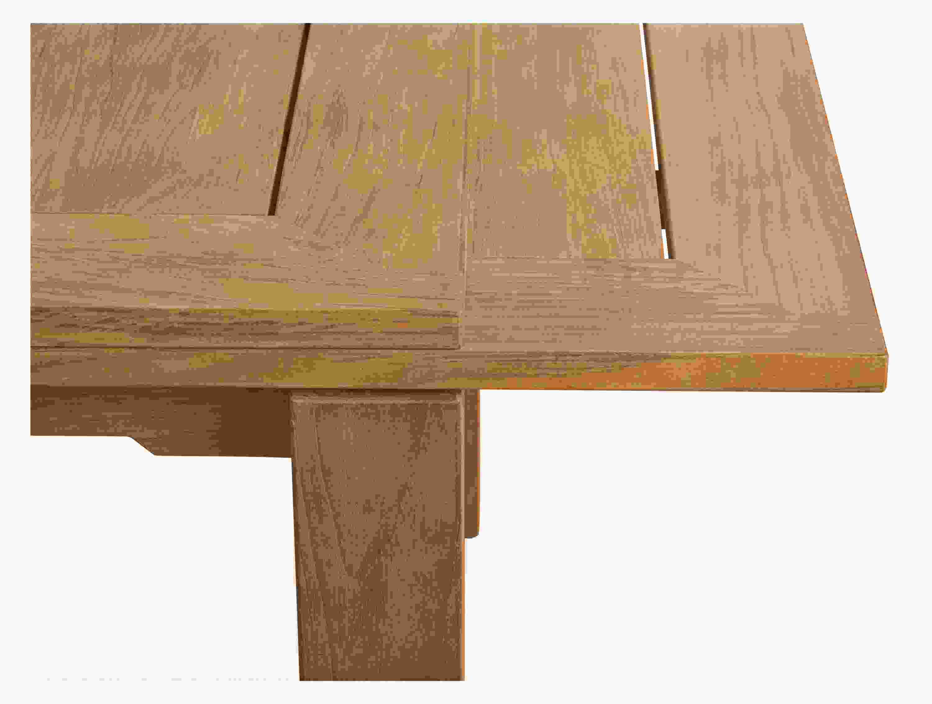 Detail of Capri 60 by 40 extension table with leaves in teak.