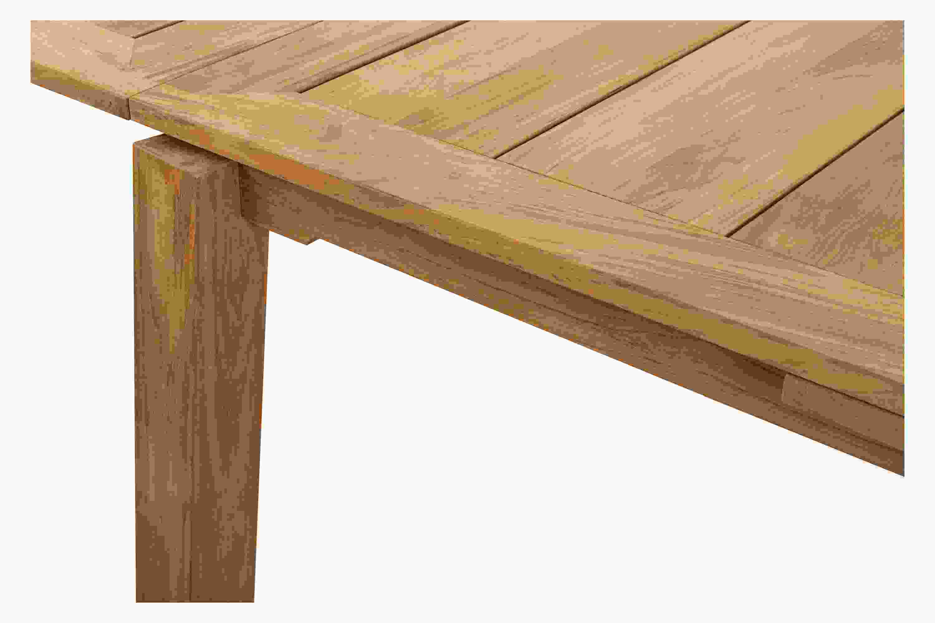 Side detail of Capri 60 by 40 extension table in teak.