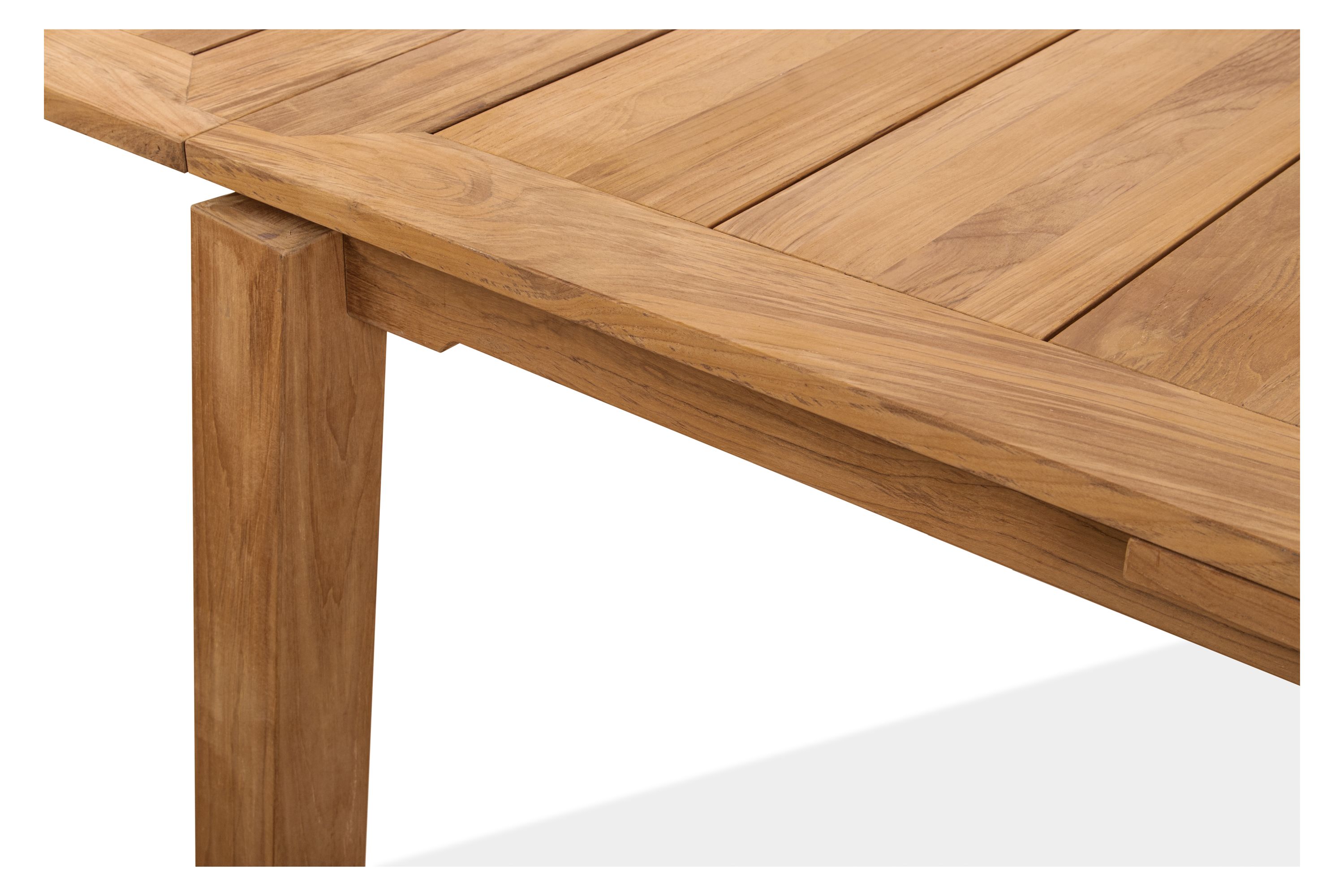 Side detail of Capri 60 by 40 extension table in teak.