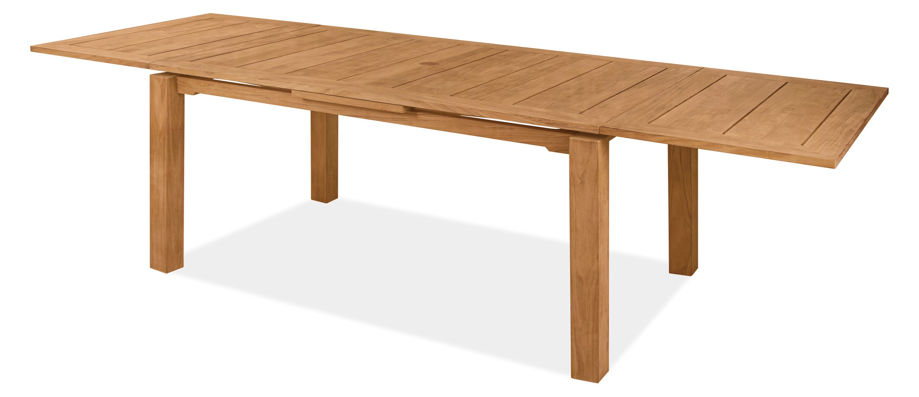 Front view of Capri 60 by 40 extension table in teak in extended position.