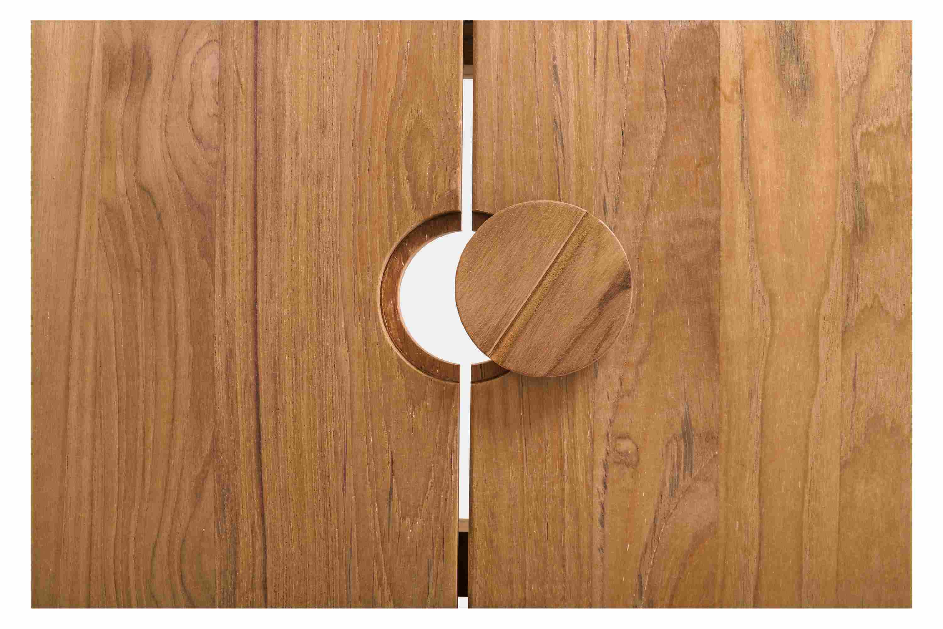 Angled view of Capri 65w 40d 30h Table with Umbrella Hole in Teak.