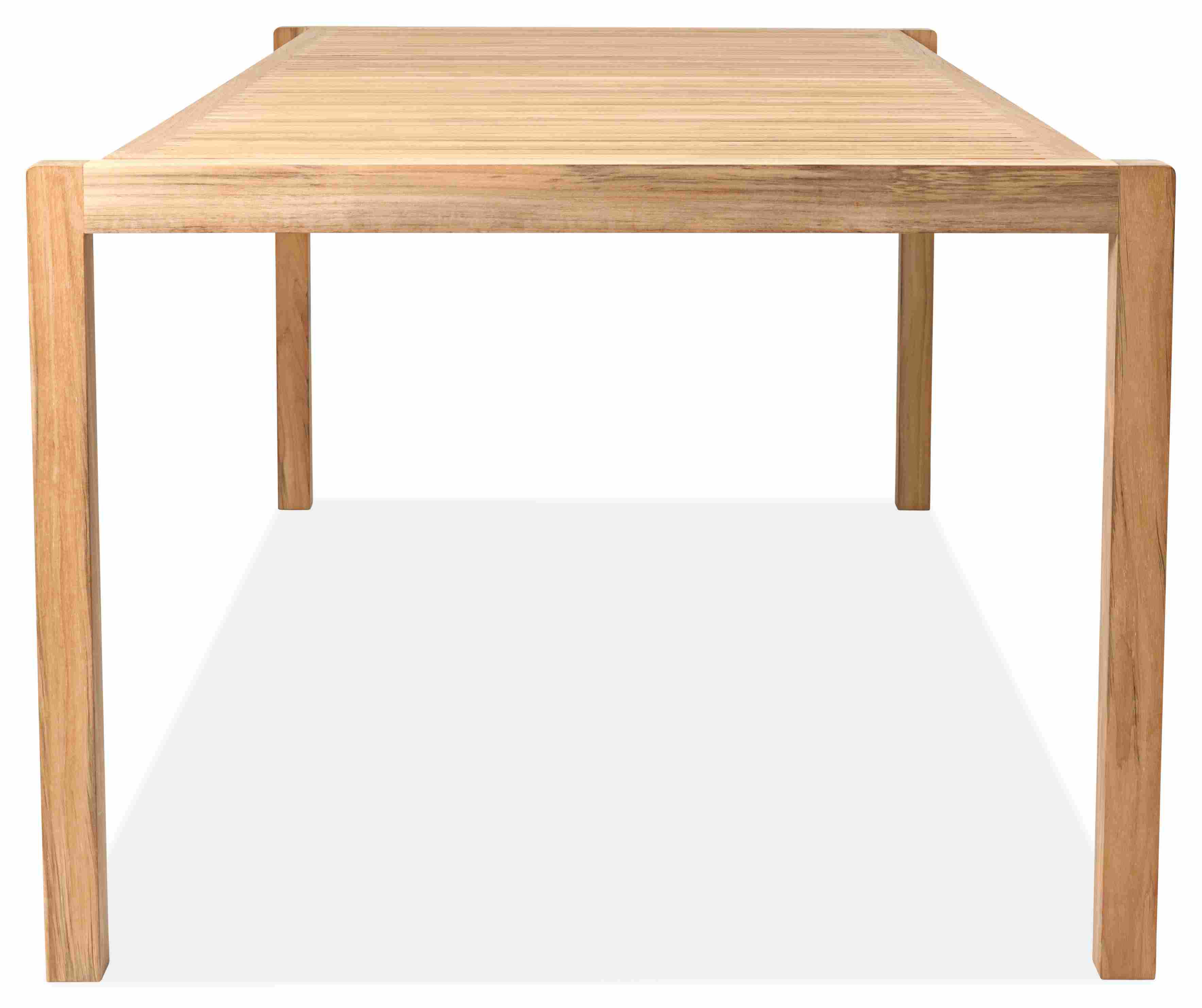 Side view of Carl Hansen Alfred Homann Outdoor 80w 39.5d 29h Table in Teak.