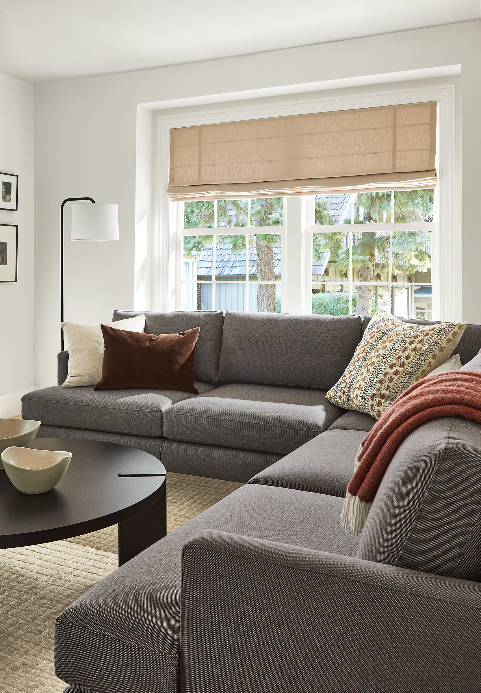 living room with carlton sectional in gino charcoal, hanover coffee table and rayne floor lamp.