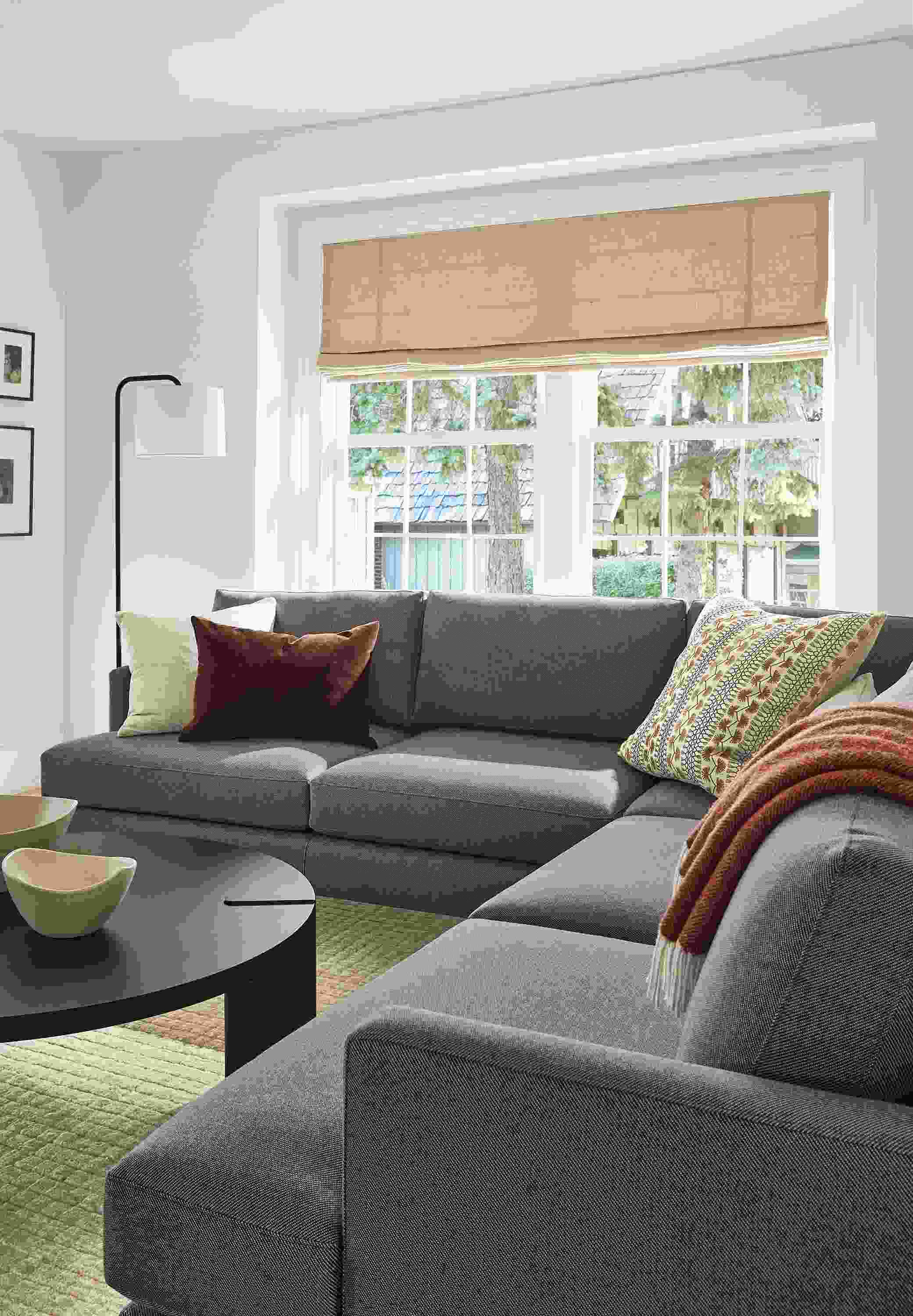 living room with carlton sectional in gino charcoal, hanover coffee table and rayne floor lamp.