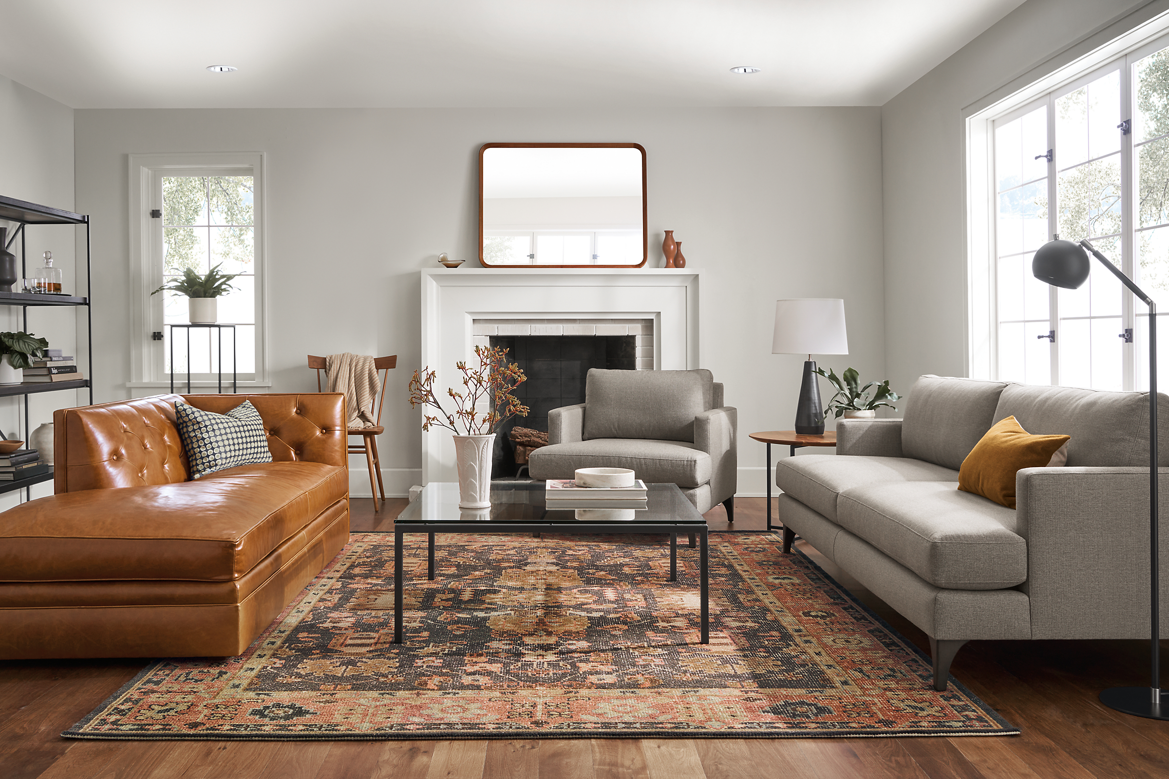 living room with carlton sofa and chair, macalester chaise, tillia rug.