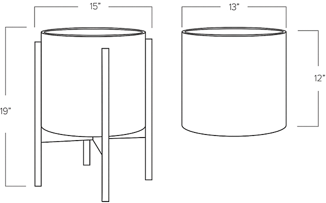 Dimension Drawing of Case Study 15w 19h 13 round Planter with Metal Stand.