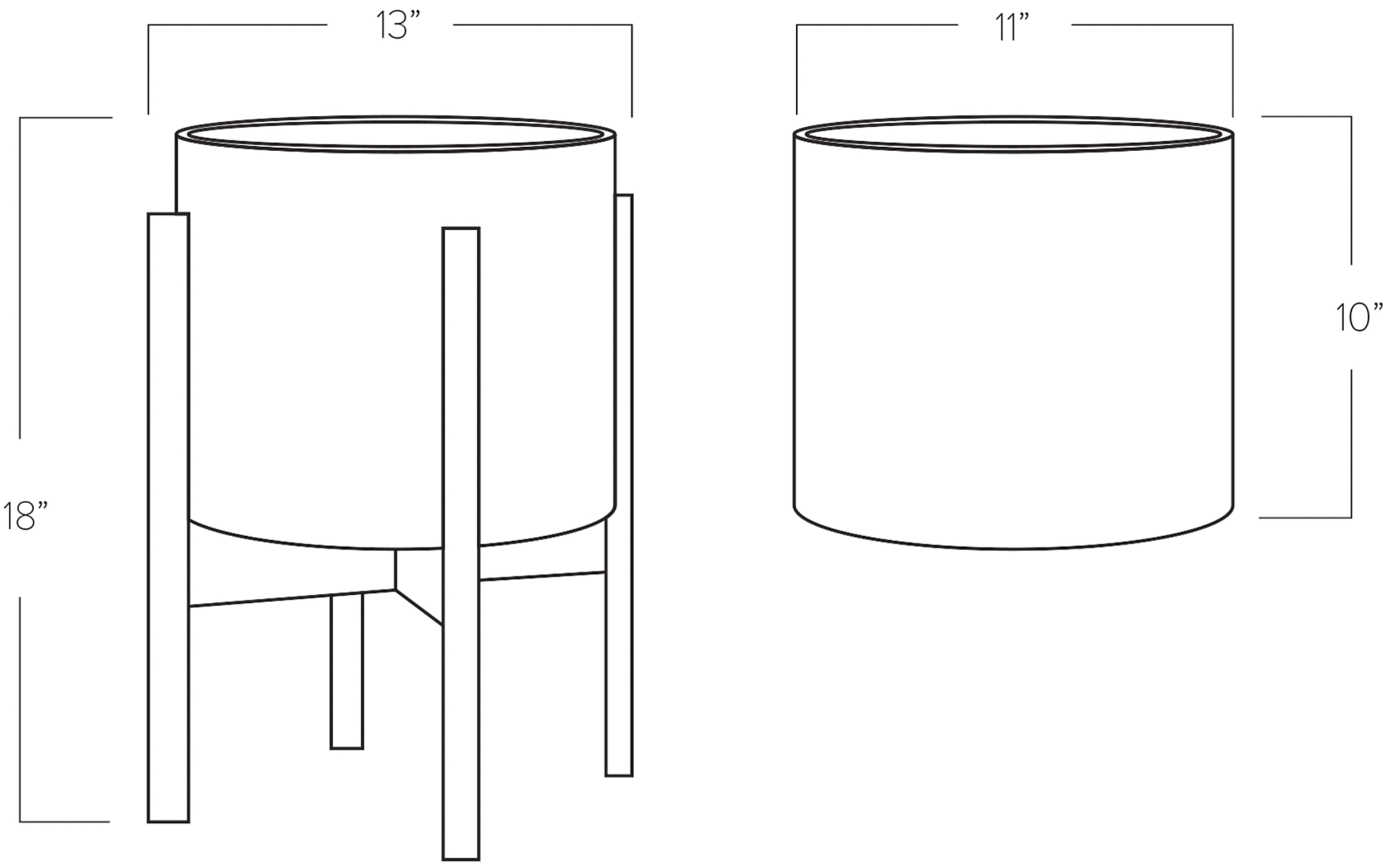Dimension Drawing of Case Study 13w 18h 11 round Planter with Wood Stand.