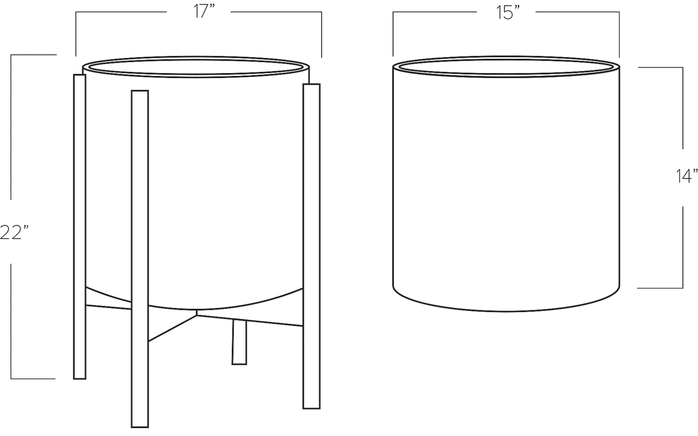 Dimension Drawing of Case Study 17w 22h 15 round Planter with Wood Stand.