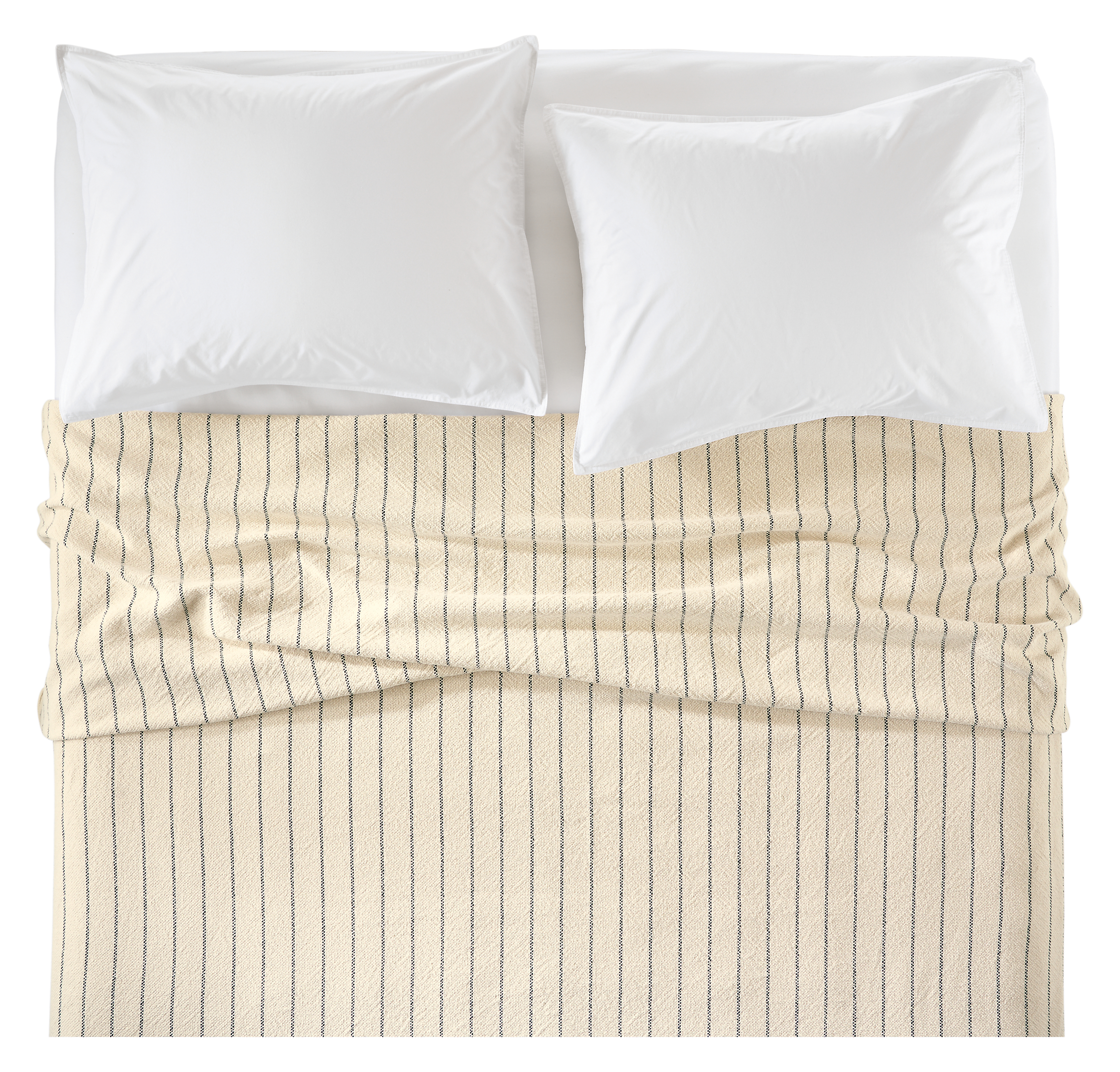 Overhead view of Caswell blanket in ivory/black and signature percale pillow shams and sheets in white.