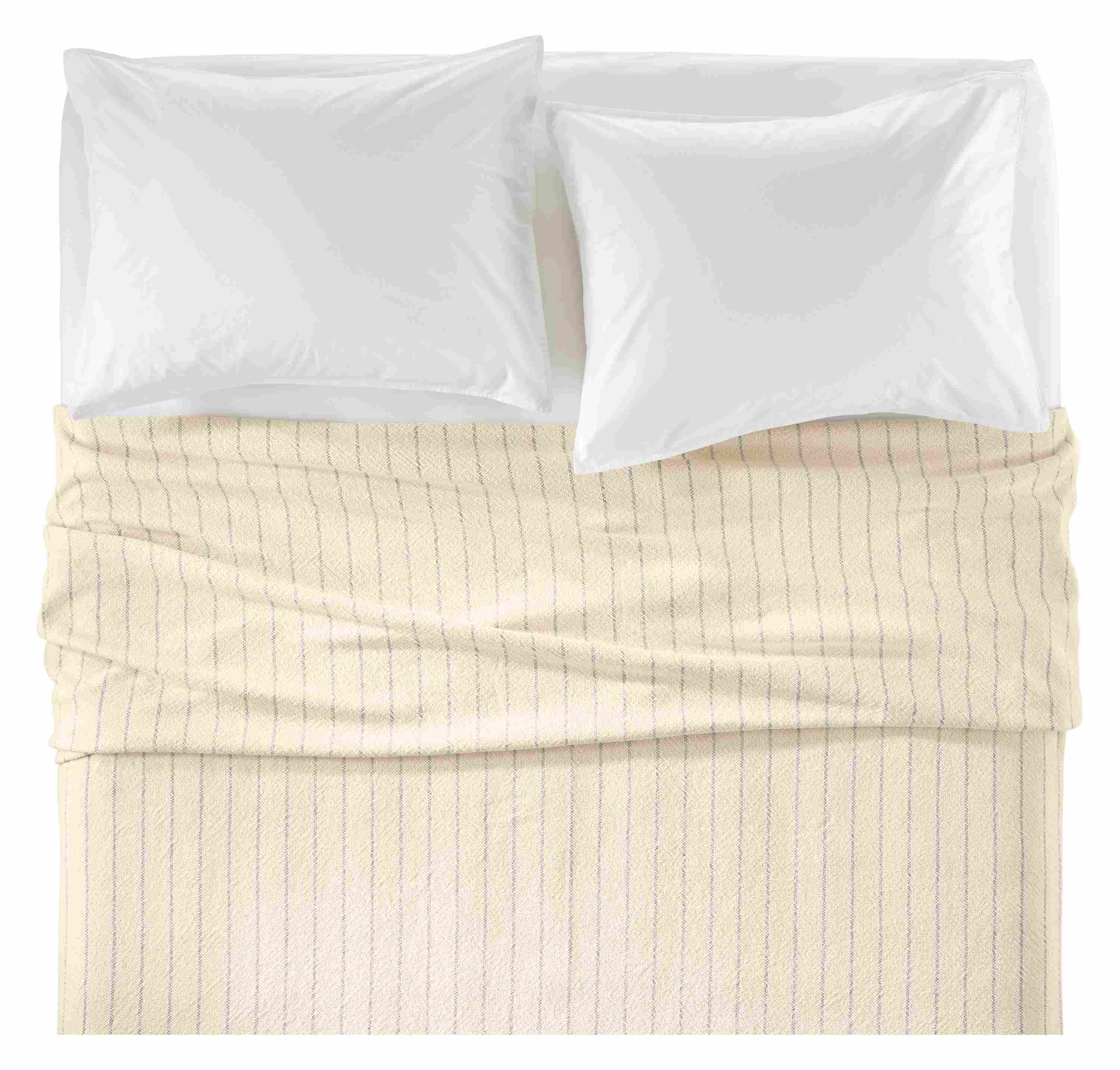 Overhead view of Core queen bed with Caswell blanket in Ivory/Grey and Signature sheets and shams in white.