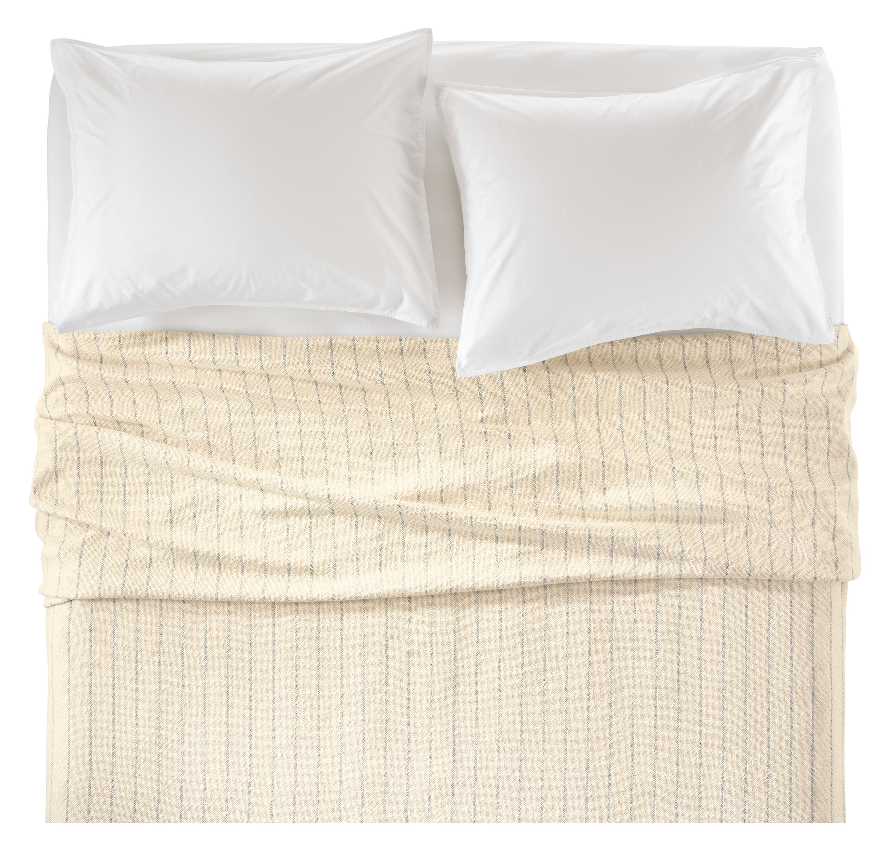 Overhead view of Core queen bed with Caswell blanket in Ivory/Grey and Signature sheets and shams in white.