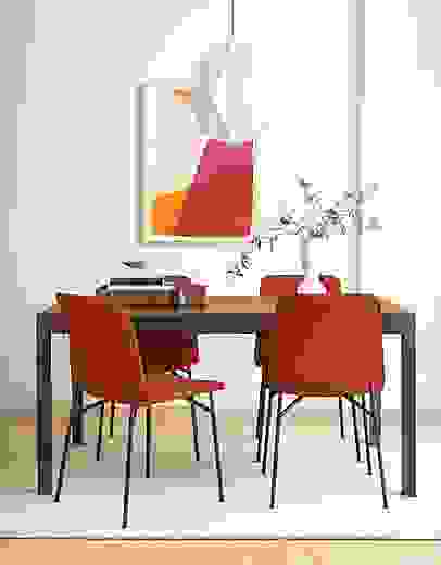 Detail of 4 Cato side chairs in Medley Spice fabric at kitchen table.