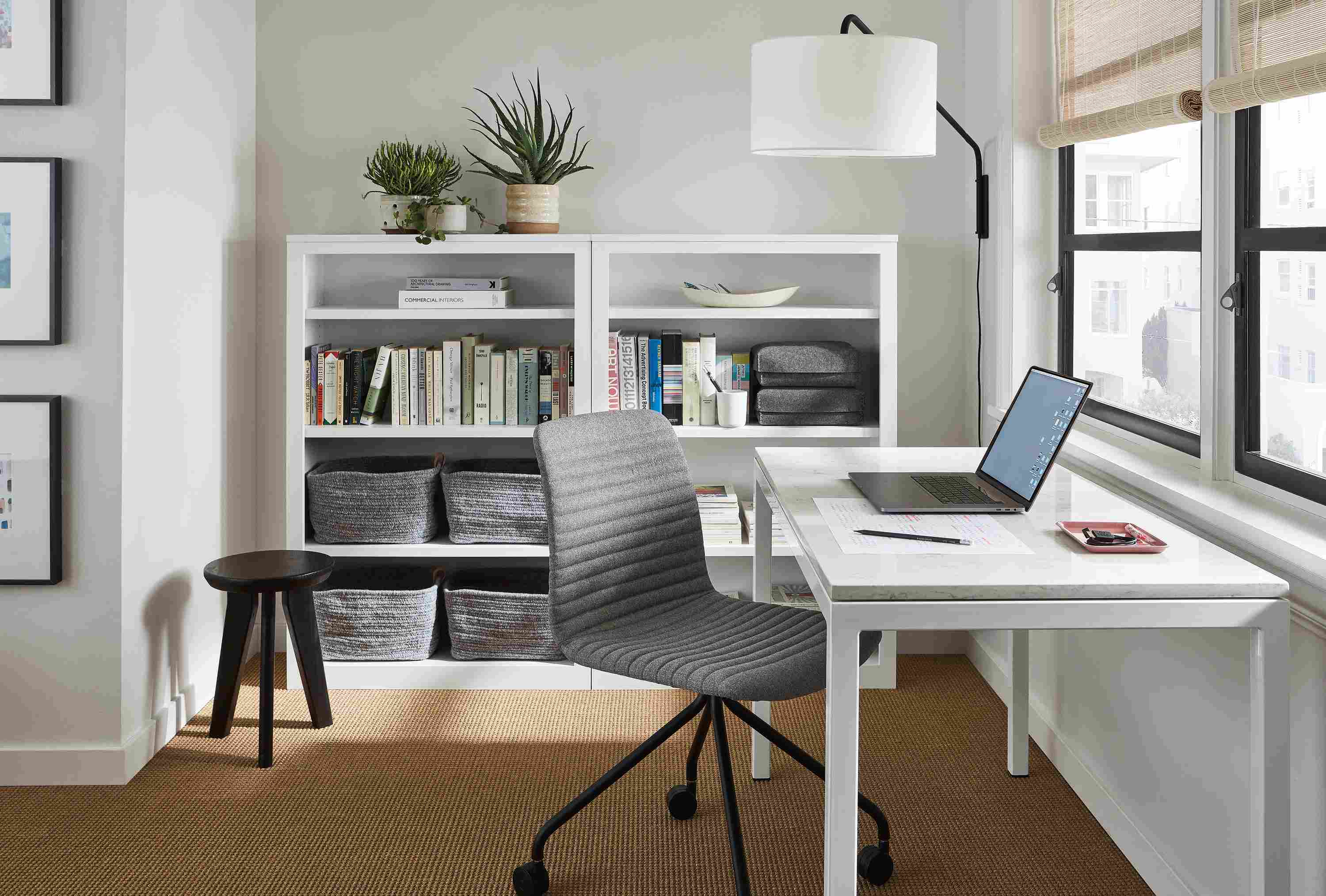 Office with Cato office chair in Medley grey fabric and Parsons table in white with marbled white quartz top.