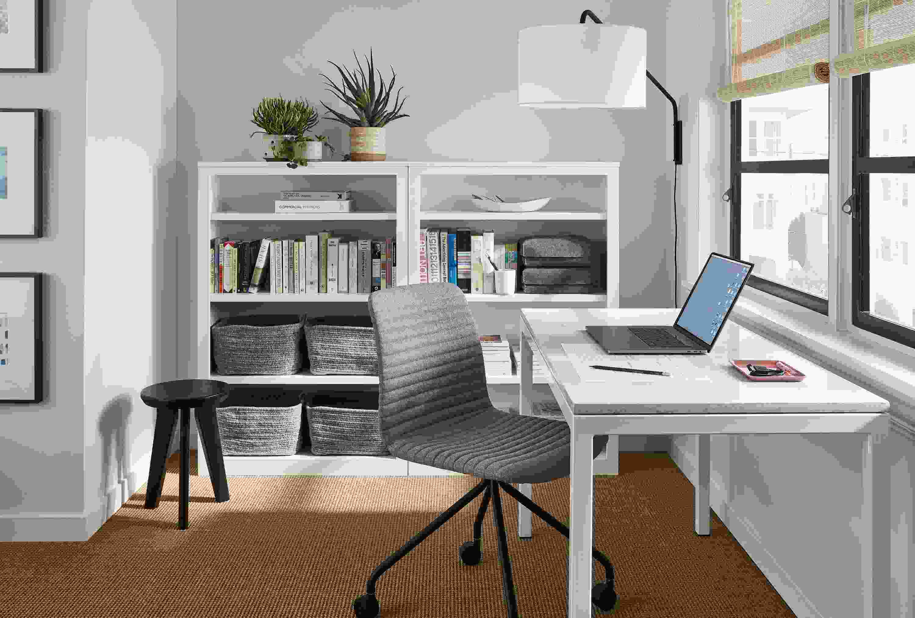Office with Cato office chair in Medley grey fabric and Parsons table in white with marbled white quartz top.