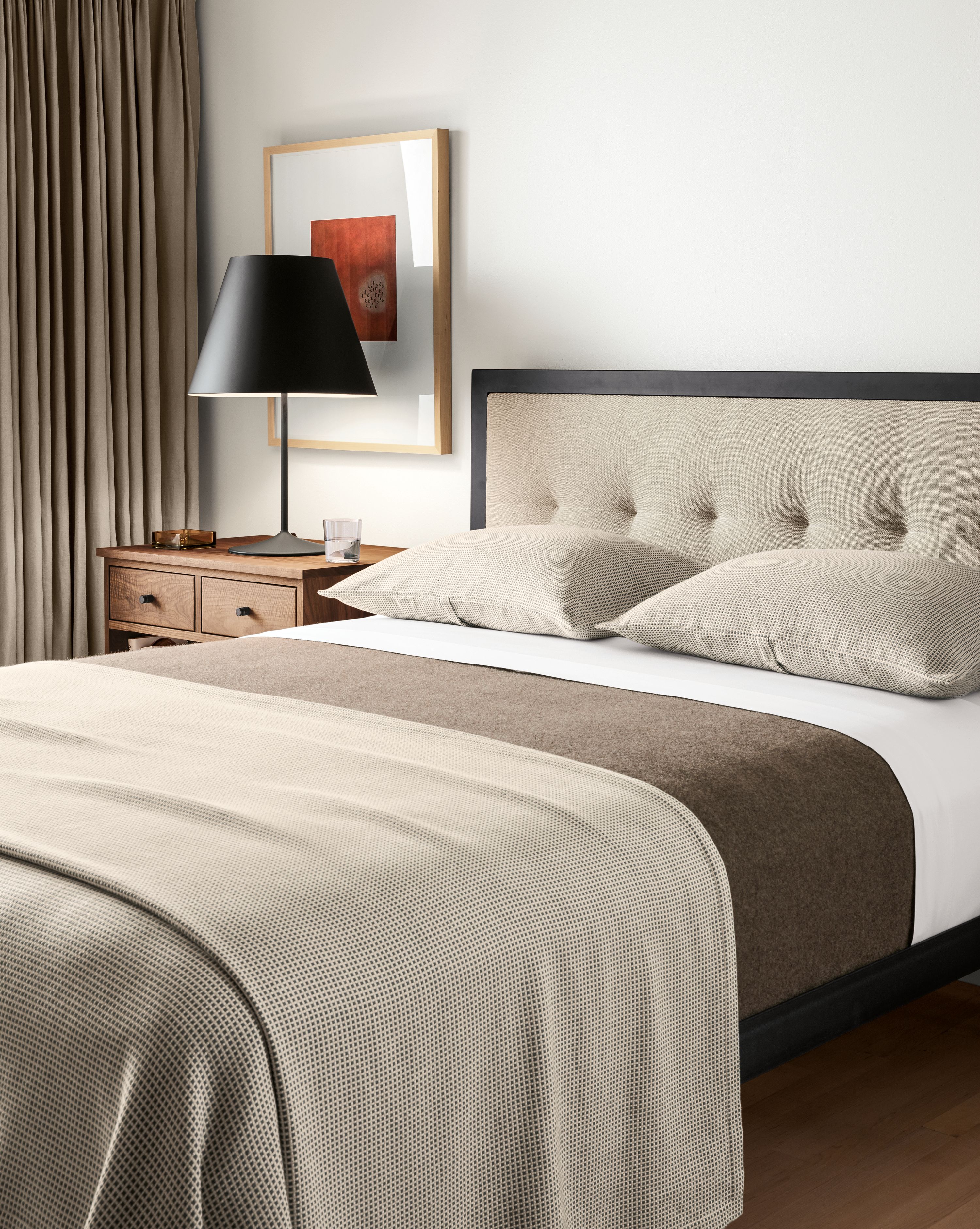Queen bed in Sumner linen fabric