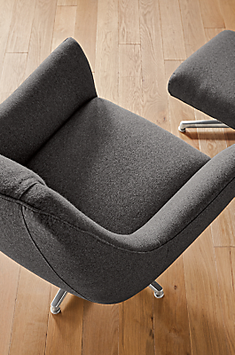 Overhead view of Charles swivel chair in grey fabric.