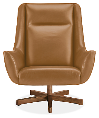 Front view of Charles Swivel Chair in Lecco Leather with Wood Base.