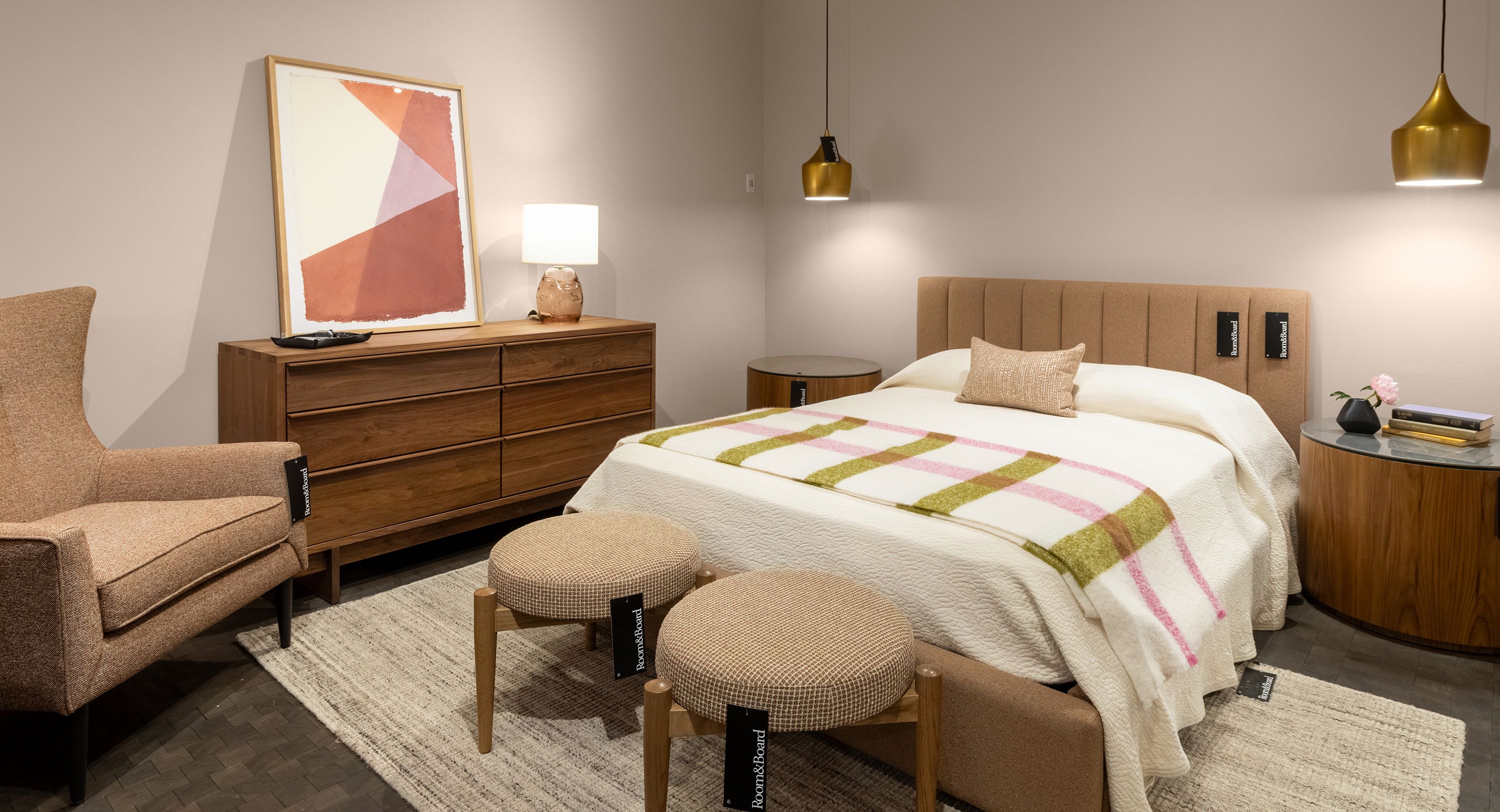 Store image with Hartley Queen storage bed in Declan Sienna and Anton 6-drawer dresser in walnut.