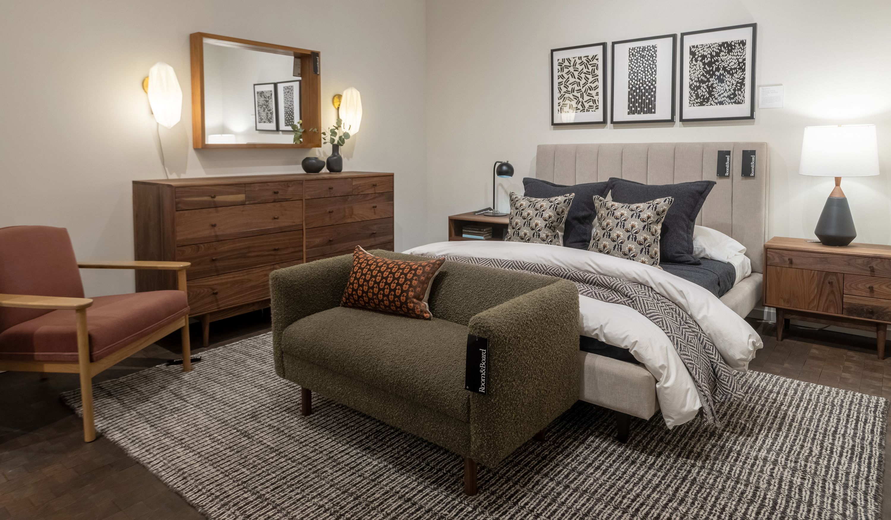 Store photo with Hartley queen bed in Mori Oatmeal and Grove nightstands in walnut.