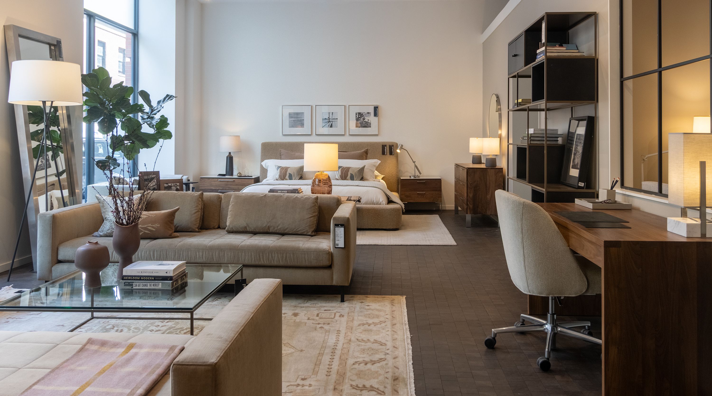 Store image Lloyd sofa and daybed in Windsor Otter and Tyne square coffee table in mineral with clear glass top.