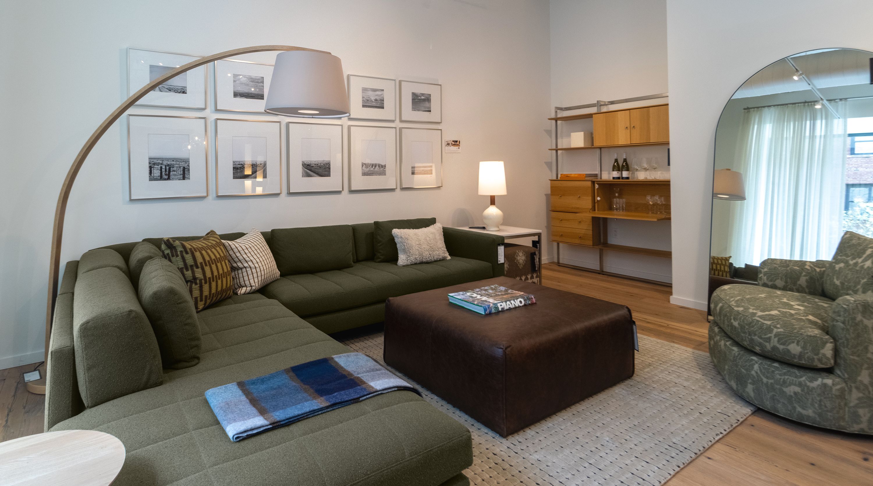 Store image with Lloyd 3-piece sectional in Declan Olive and Sonja swivel chair in Caldwell Olive.
