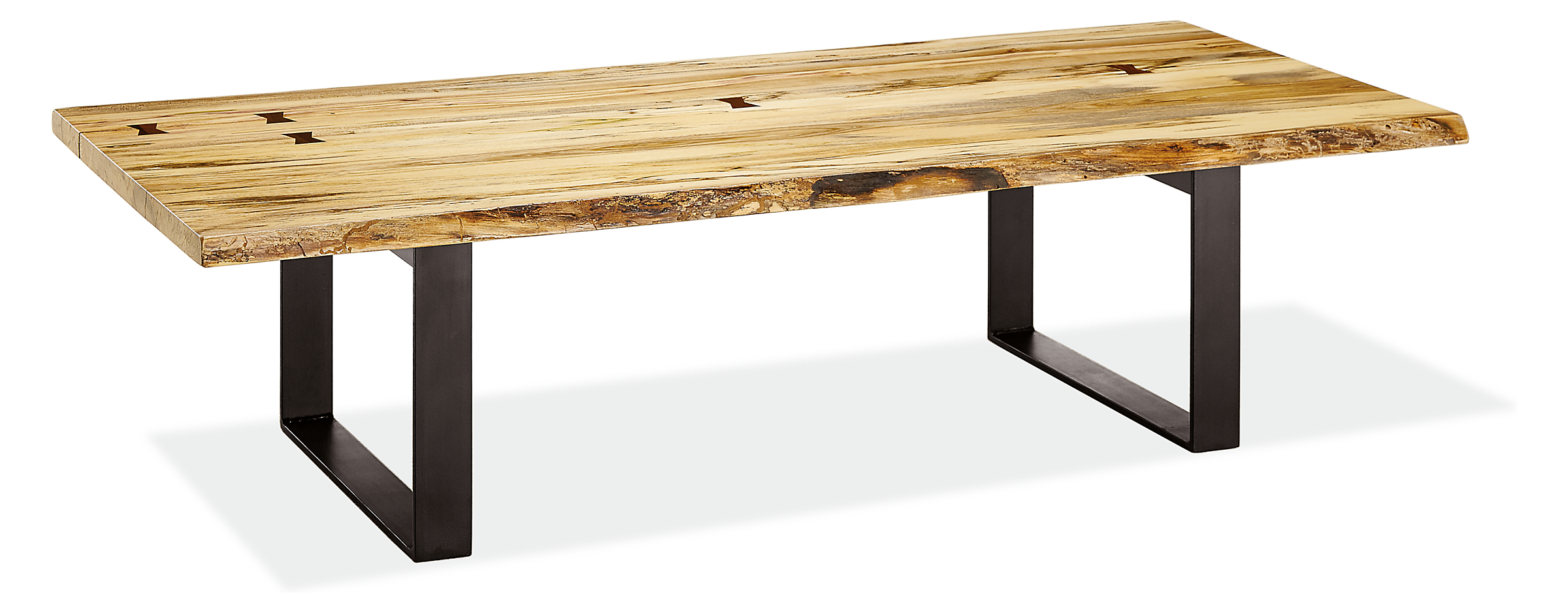 Angled view of Chilton 60-wide Spalted Sugarberry Coffee Table with Natural Steel Base.