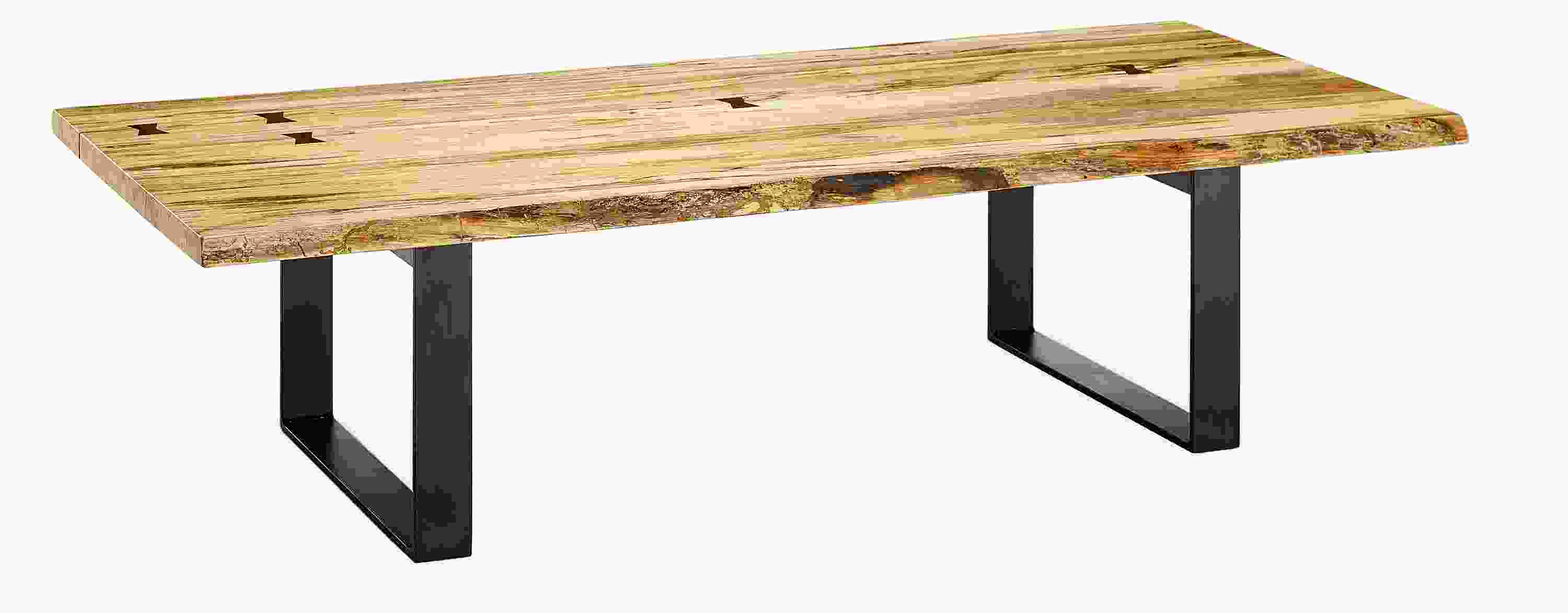 Angled view of Chilton 60-wide Spalted Sugarberry Coffee Table with Natural Steel Base.