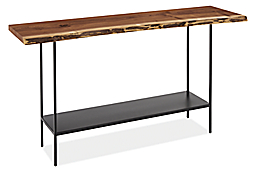 Angled view of Chilton 54-wide Console Table in Walnut with Natural Steel Base.