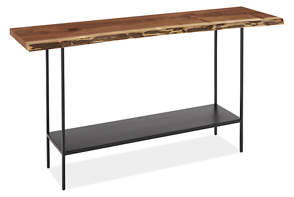 Angled view of Chilton 54-wide Console Table in Walnut with Natural Steel Base.
