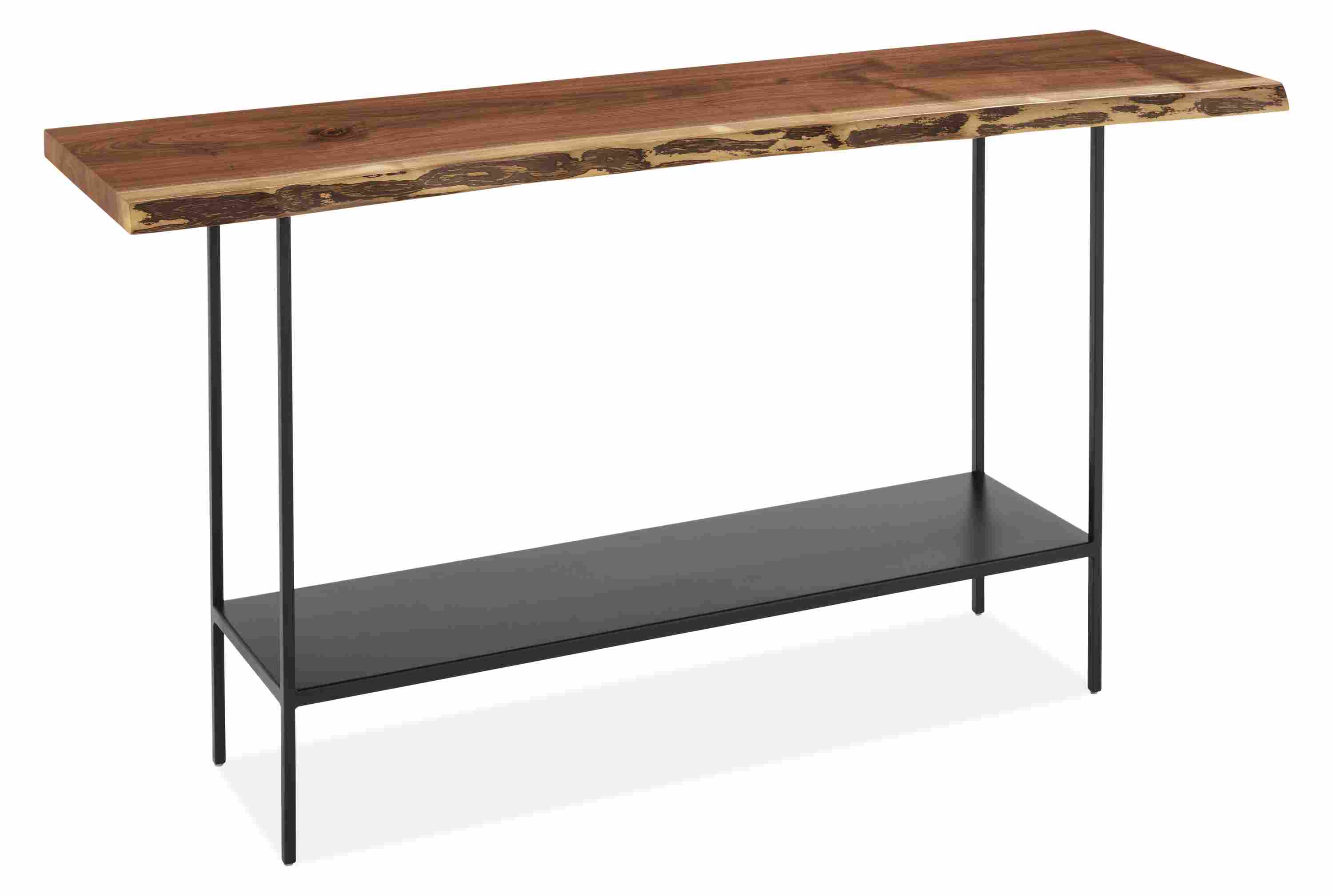 Angled view of Chilton 54-wide Console Table in Walnut with Natural Steel Base.
