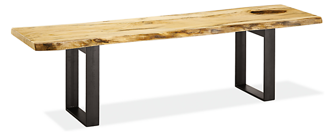 Angled view of Chilton 60-wide Spalted Sugarberry Bench with Natural Steel Base.