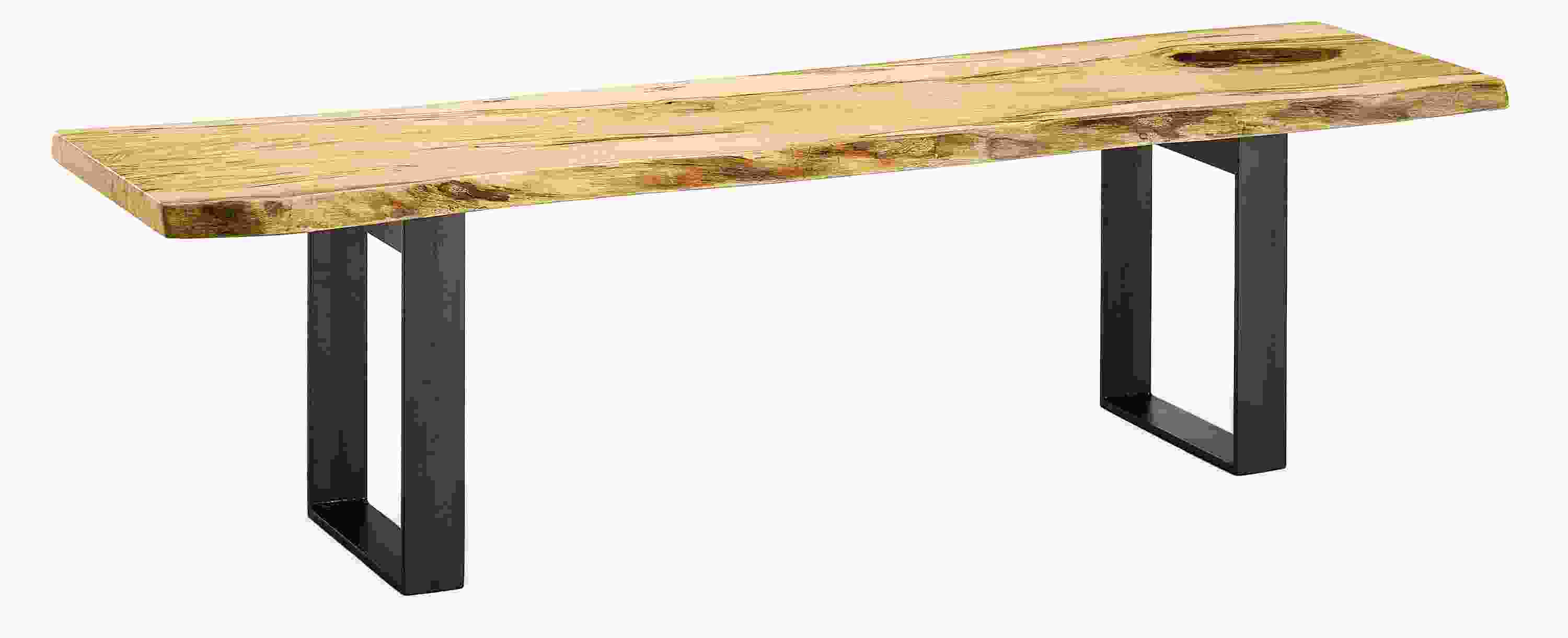 Angled view of Chilton 60-wide Spalted Sugarberry Bench with Natural Steel Base.