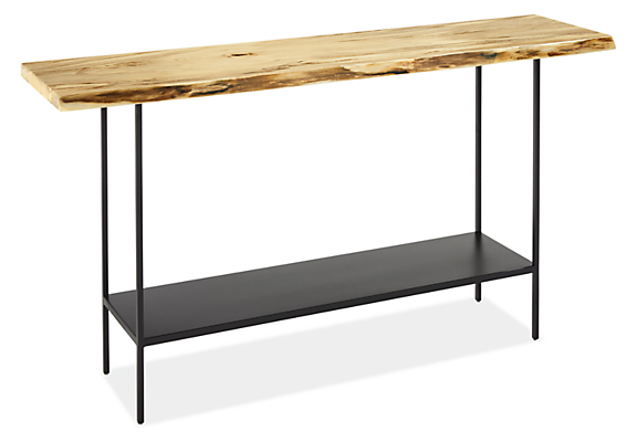 Angled view of Chilton 54-wide 29h Console Table in Sugarberry with Natural Steel Base.