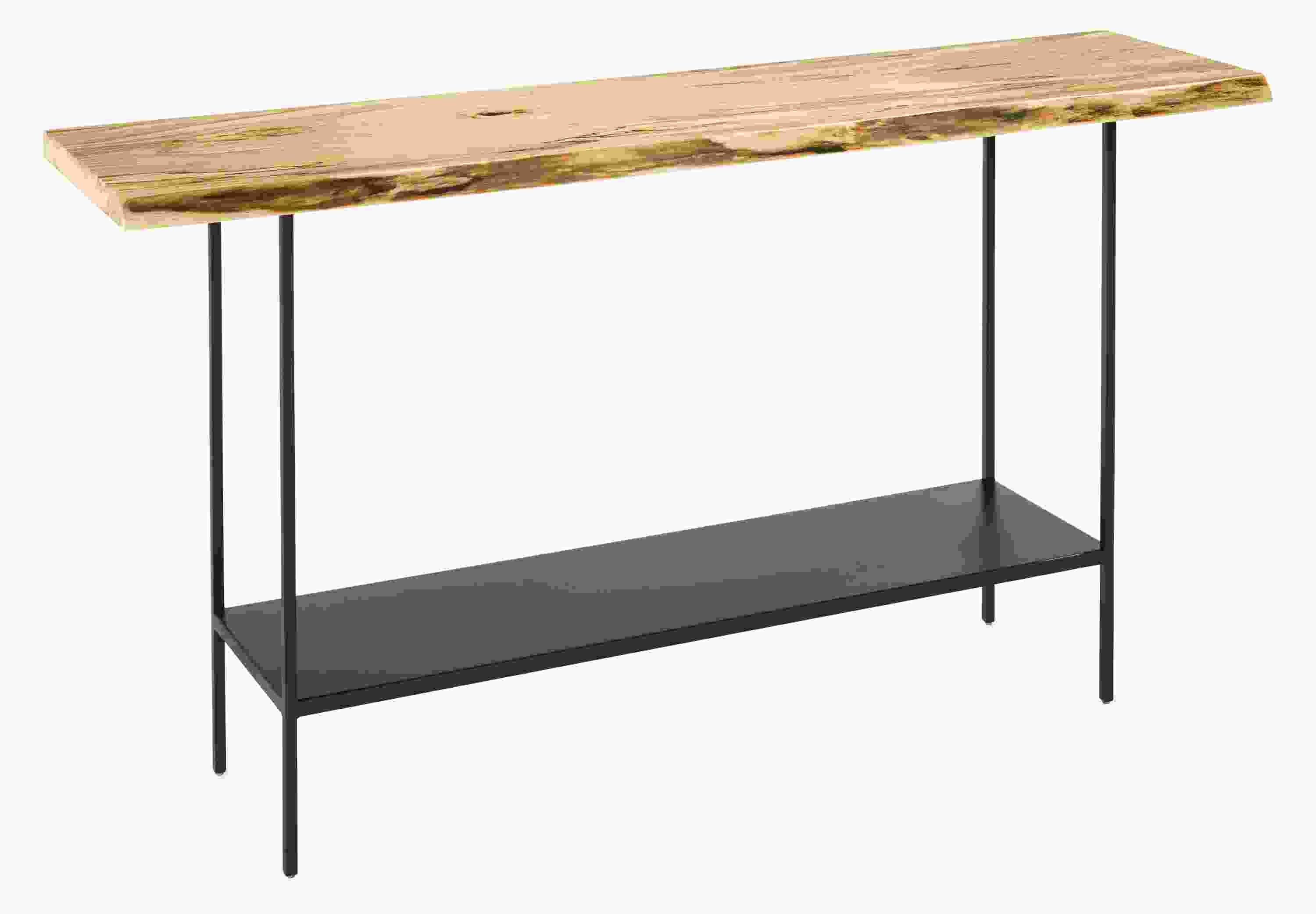 Angled view of Chilton 54-wide 29h Console Table in Sugarberry with Natural Steel Base.