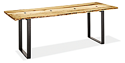 Angled view of Chilton 84-wide Spalted Sugarberry Dining Table with Natural Steel Base.