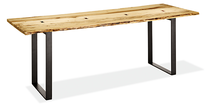 Angled view of Chilton 84-wide Spalted Sugarberry Dining Table with Natural Steel Base.
