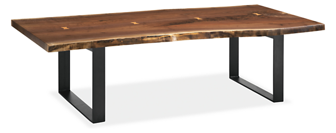 Angled view of Chilton 60-wide Walnut Coffee Table with Natural Steel Base.