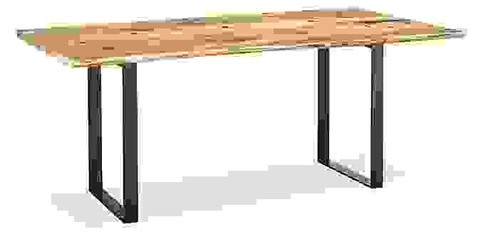 Angled view of Chilton 72-wide 3-Board Table in Spalted Sugarberry with Natural Steel Base.