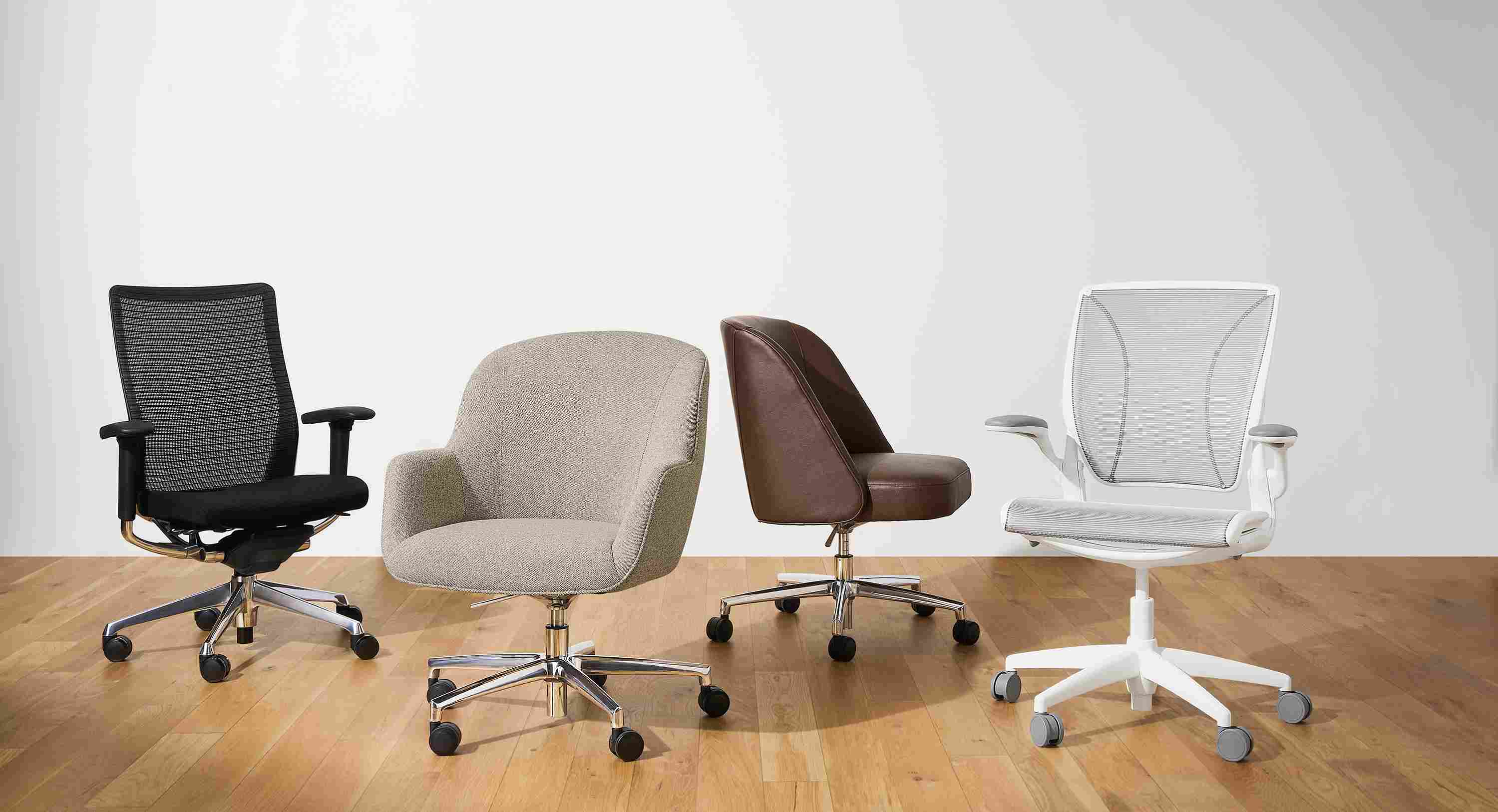 Choral, nico, cora and diffrient office chair group in black, tatum bone, laino cognac and white.