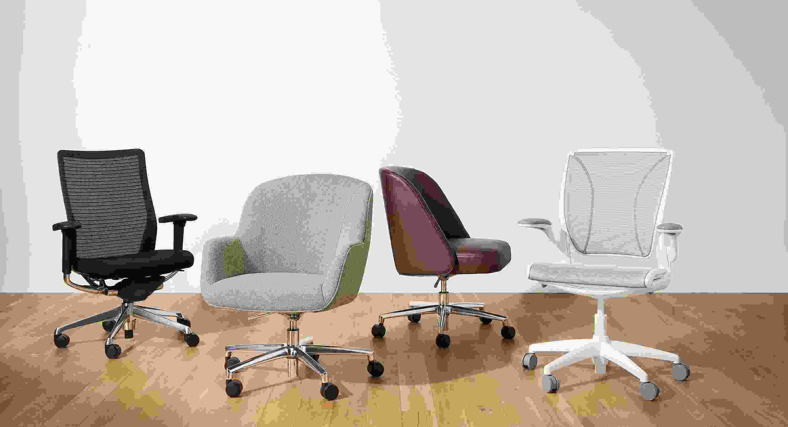 Choral, nico, cora and diffrient office chair group in black, tatum bone, laino cognac and white.