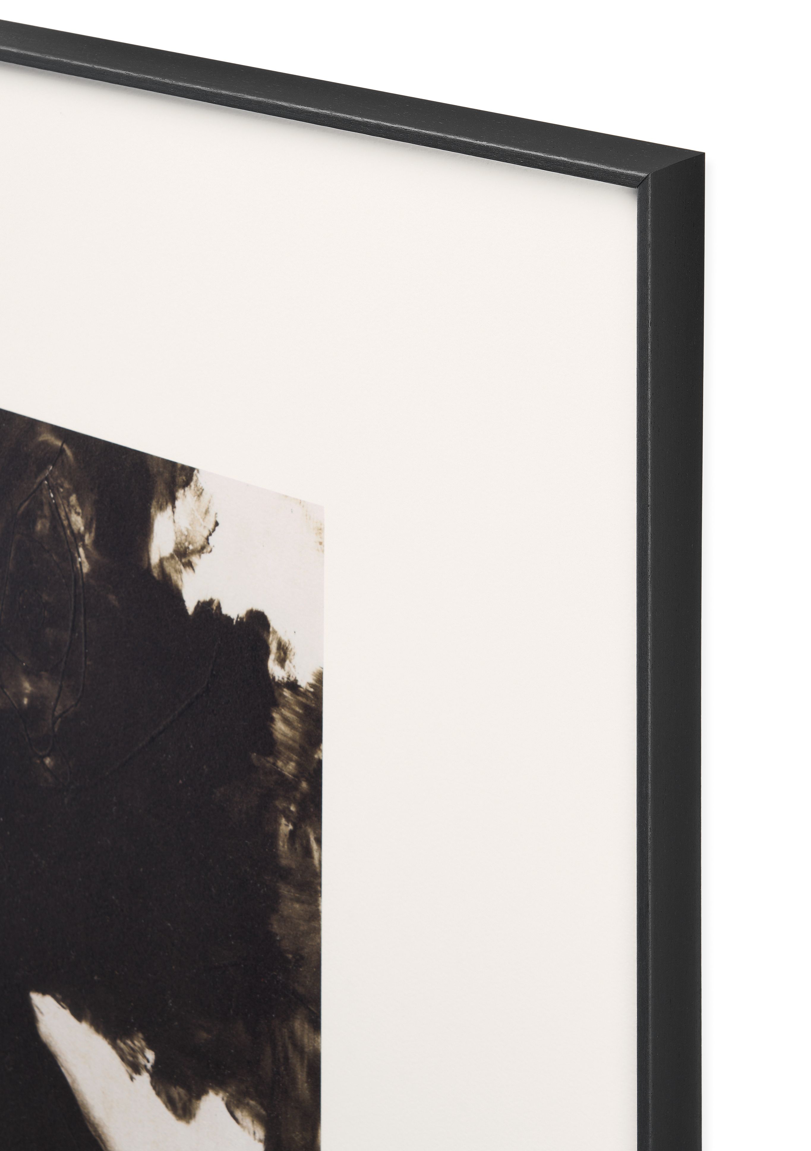 Corner detail of black frame on Marie-Cecile Clause wall art.
