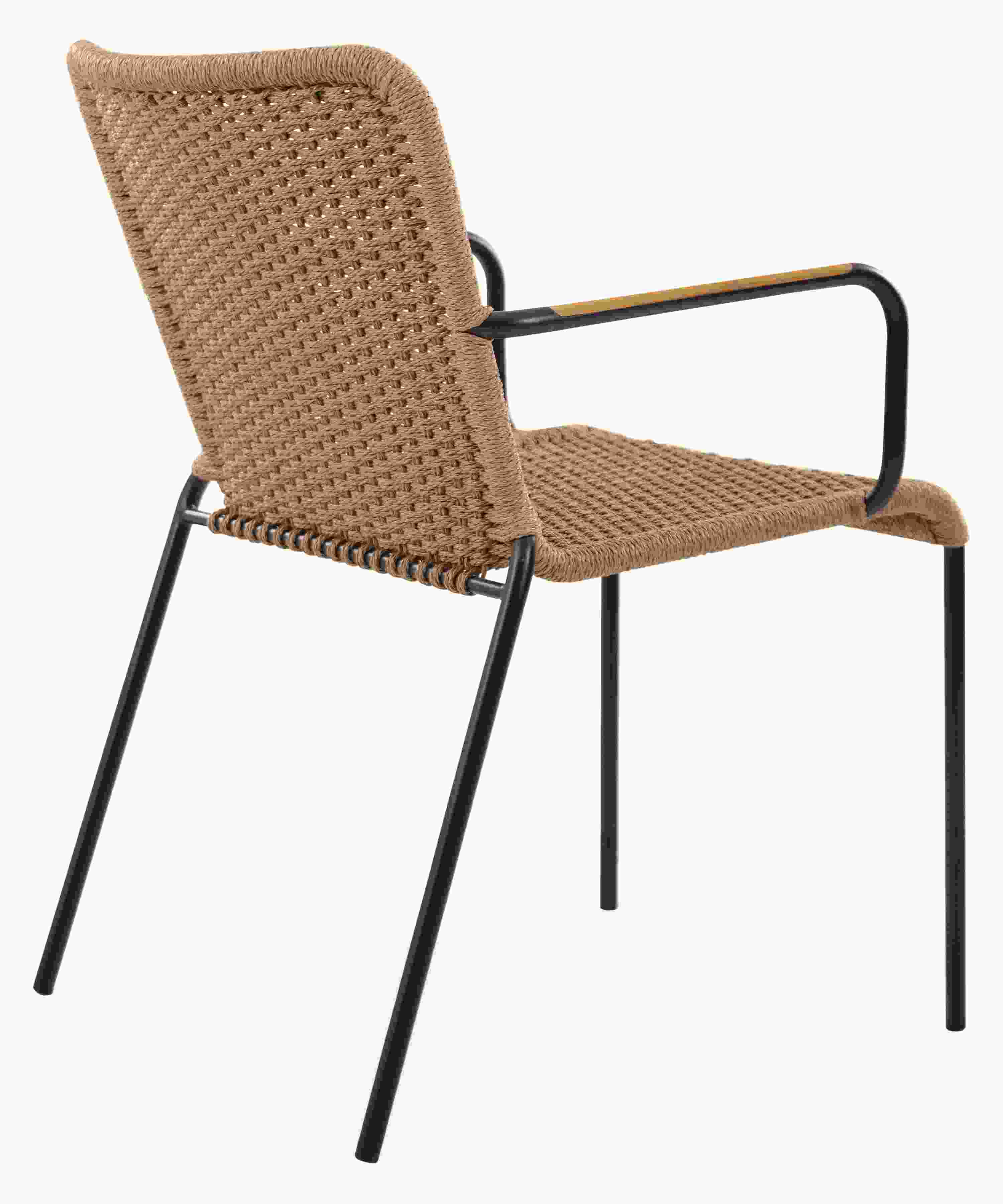 Back view of Clea Outdoor Arm Chair in natural cording with black legs.