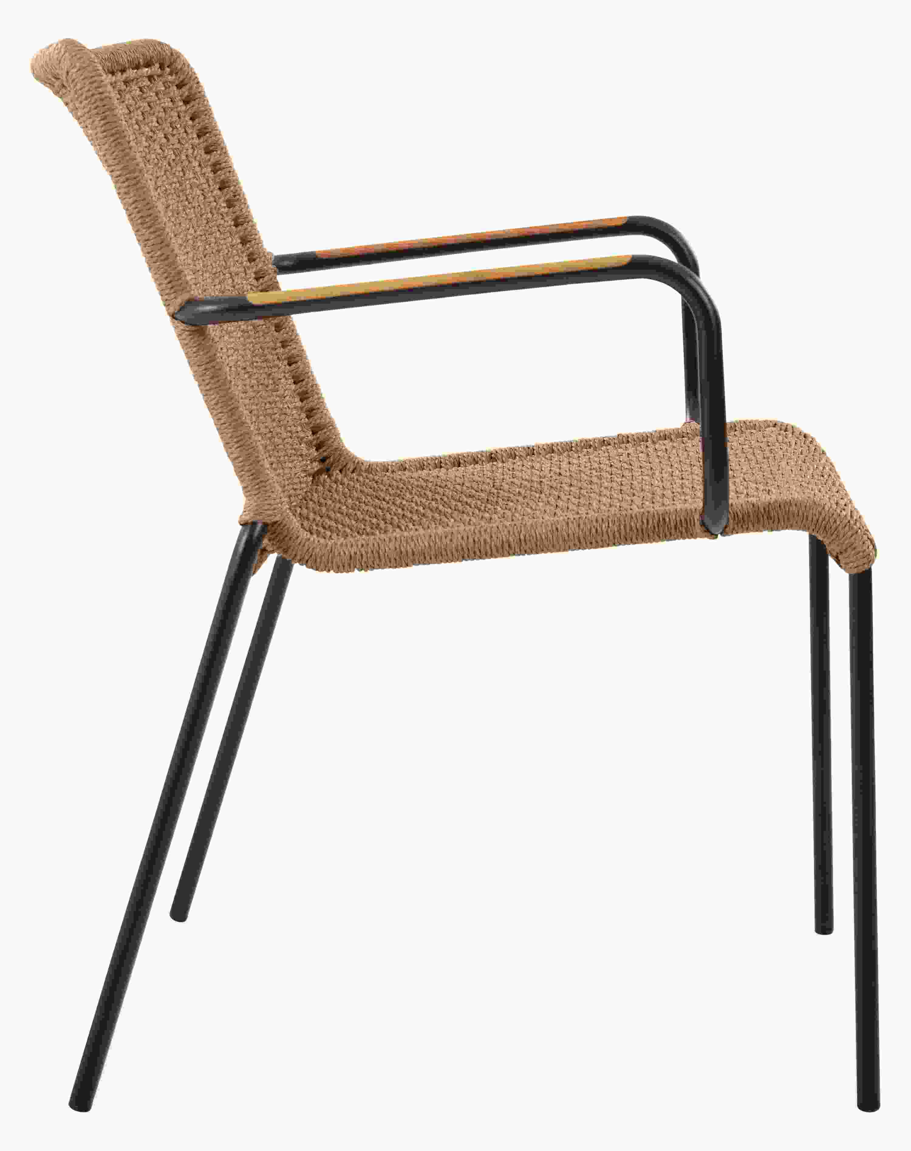Side view of Clea Outdoor Arm Chair in natural cording with black legs.