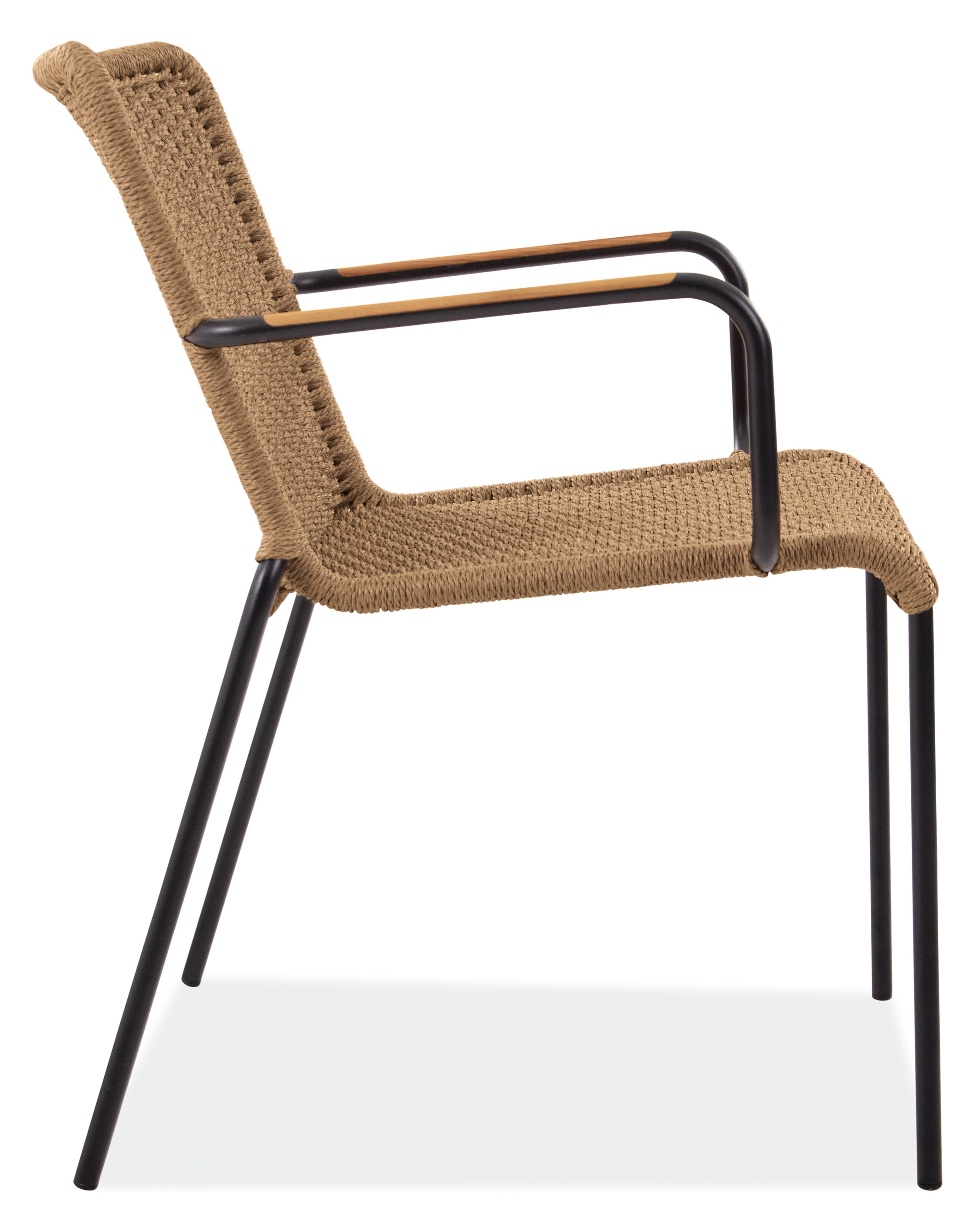 Side view of Clea Outdoor Arm Chair in natural cording with black legs.